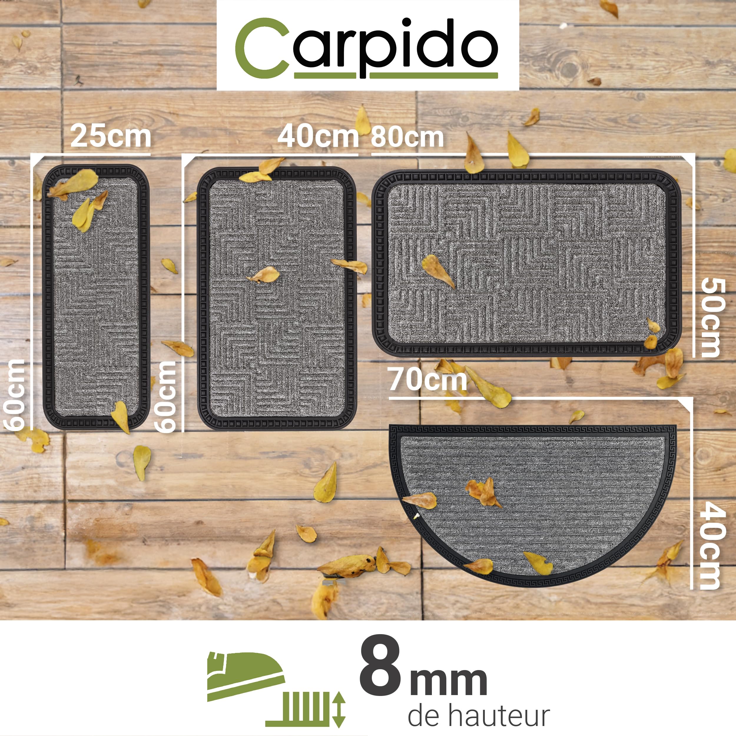 Carpido Paillasson Extérieur & Intérieur - Set de 2 50x80 cm - Argent Motif - Tapis de Porte antidérapant - Tapis de propreté résistant - extérieur Marches