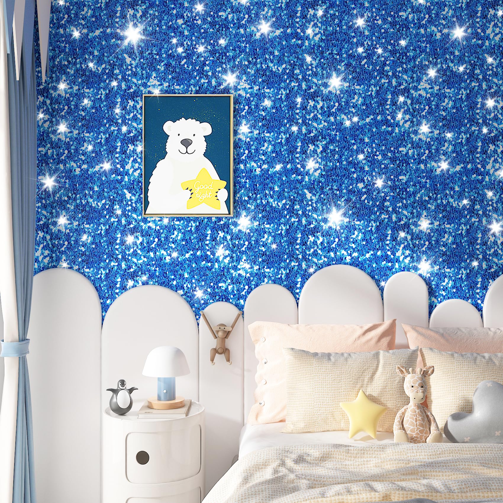 Papier peint bleu pailleté autocollant ReWallpaper rénovation murale sans colle