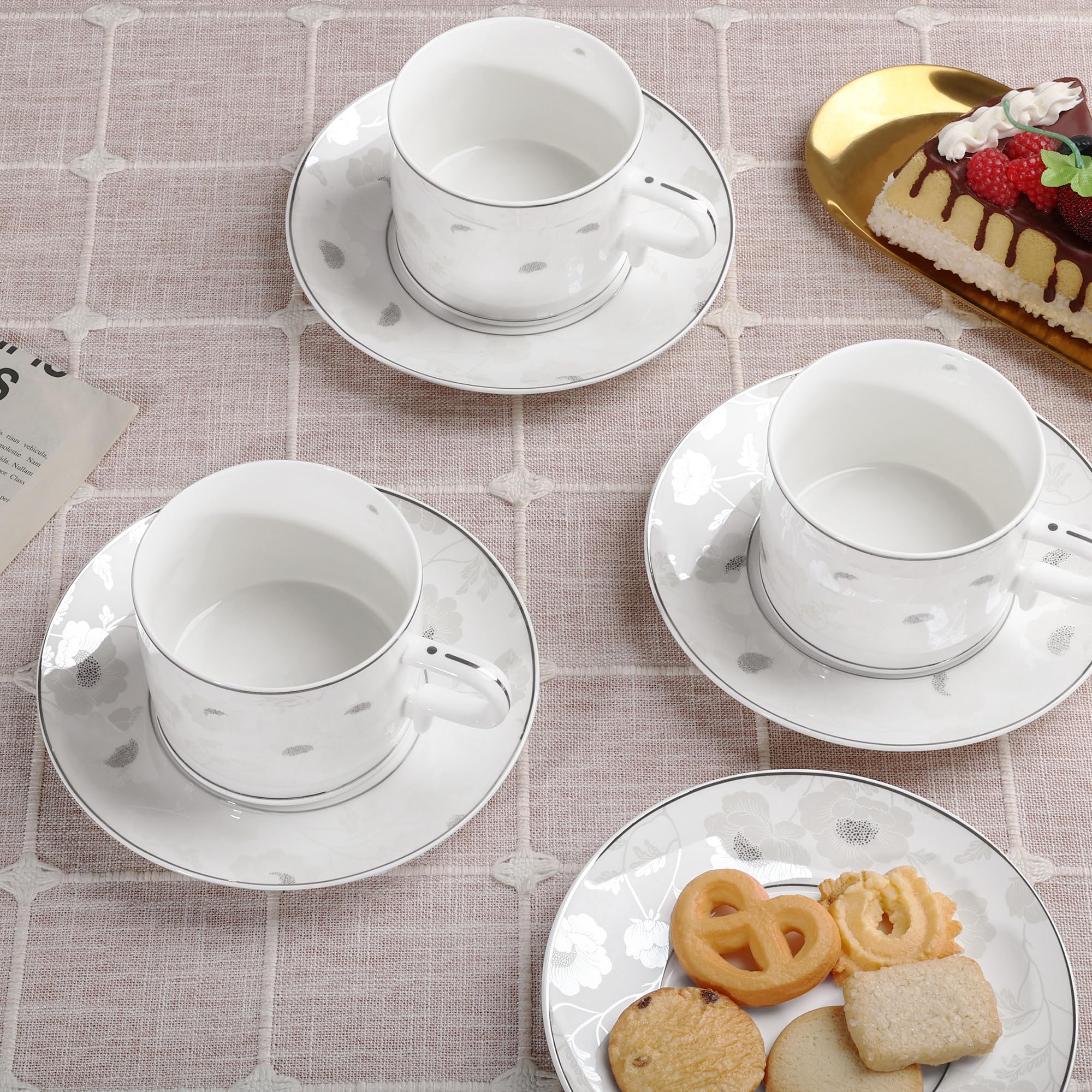 fanquare Srebrny zestaw filiżanek do herbaty z kwiatami i spodkami, zestaw 6 eleganckich brytyjskich filiżanek do kawy, porcelanowe filiżanki do herbaty, prezent na popołudniowe przyjęcie herbaciane