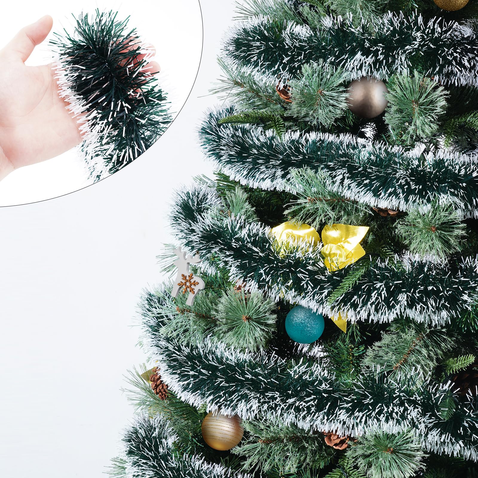 Photo 1 of 33FT Silver Tinsel Christmas Garland Metallic Twist Shiny Garland for Christmas Tree Decorations, Xmas Holiday Hanging Garland for Home Indoor Outdoor Party Supplies Decor (Green)