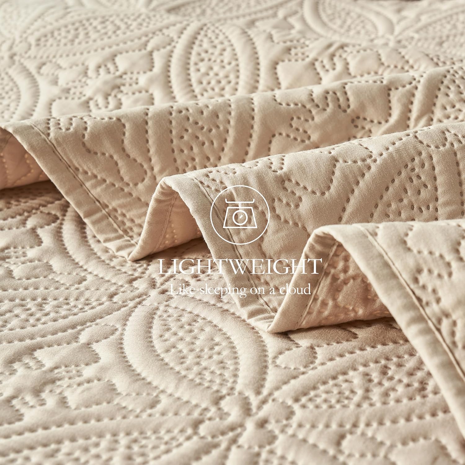 WURUIBO Full/Queen Quilt Set Beige, Microfiber Lightweight Bedspreads, Ultrasonic Embossed Solid Coverlet, Thin Bedding Set for All Season, Soft Breathable Bed Cover(1 Quilt, 2 Pillow Shams) - Image 6