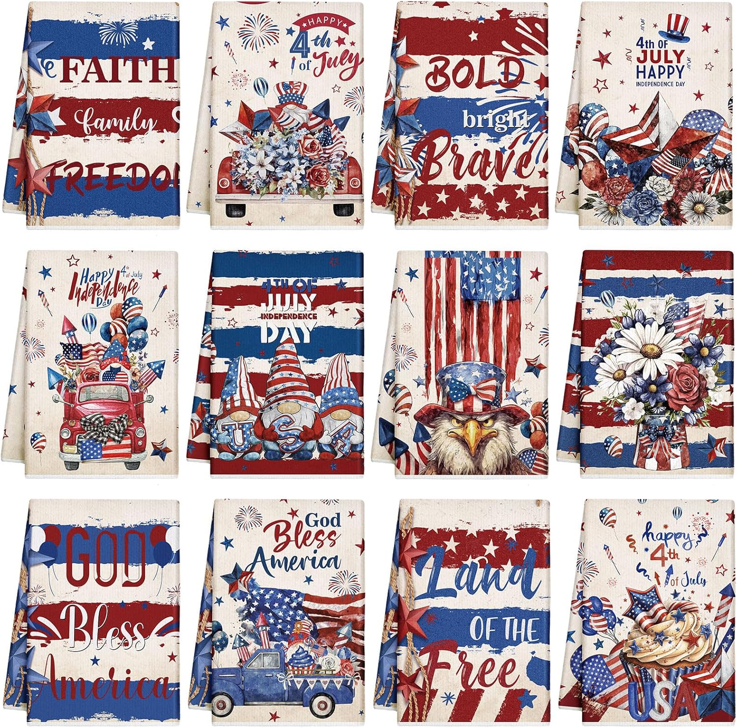 24 Pcs 4th of July Kitchen Towel Patriotic Dish Towel Independence Day Red Blue White Star Truck Gnome Hand Tea Dishcloth for Memorial Day, 21 x 14 in (Stylish Color,Patriotic Style) Stylish Color Patriotic Style