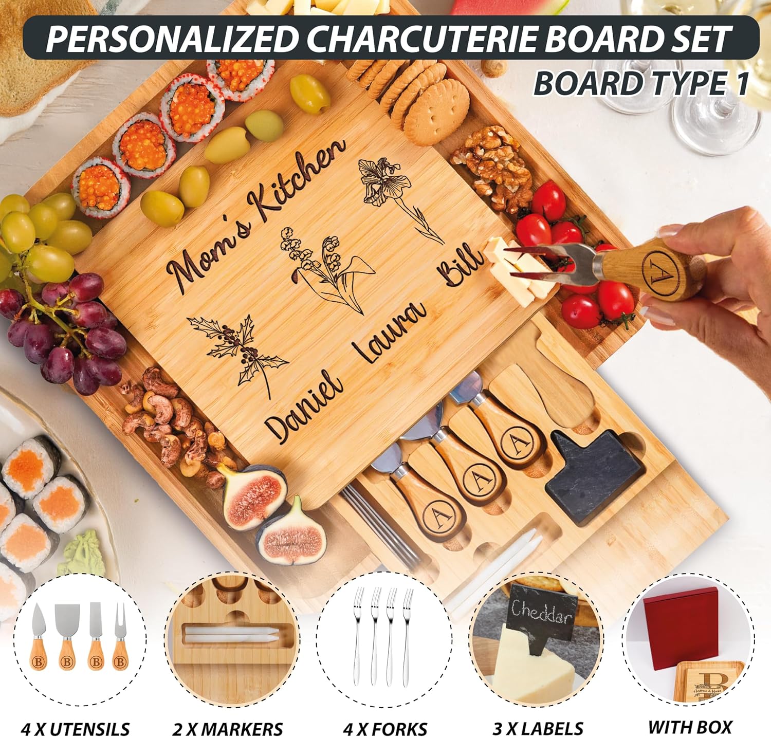 Personalized Charcuterie Cutting Board with Birth Flower Design, Grandma’s Garden Gift for Mom or Grandma, Custom Cheese Board Christmas Birthday Mothers Day Gift from Grandkids Son Daughter - Image 5