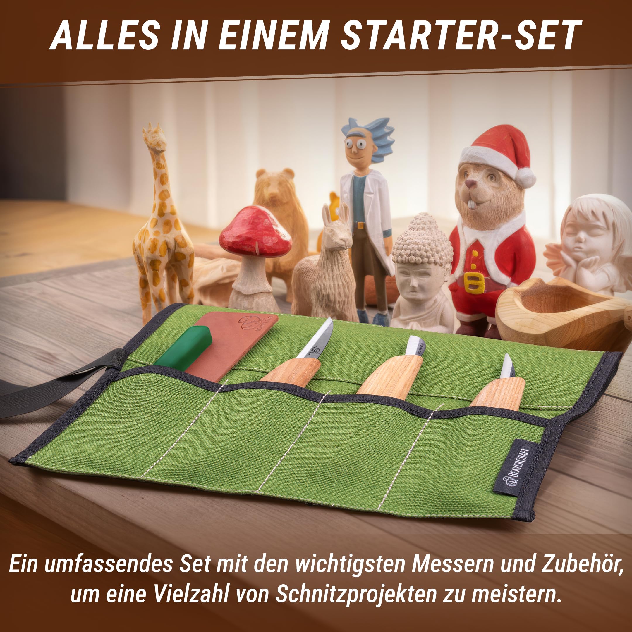 BeaverCraft Holzschnitzmesser-Set S15, Schnitzset für Anfänger, Kinder – Holzschnitzwerkzeug-Set mit detailliertem Spanmesser, Sloyd-Schnitzmessern und Lederstreichriemen, Poliermittel und Tutorials