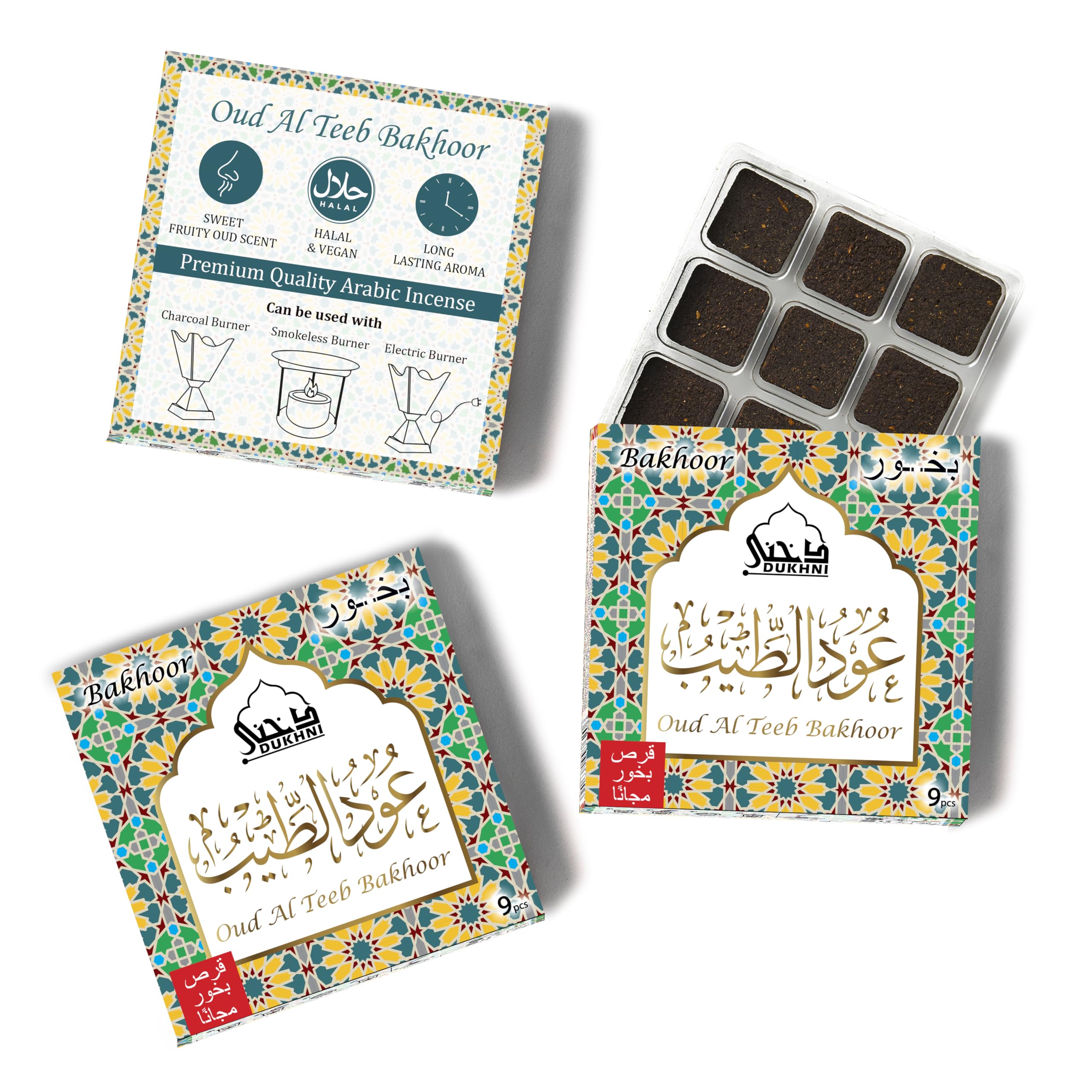 Oud Al Teeb Bakhoor by Dukhni | 3 Boxes x 9 Piece Each | Arabic Bakhoor Incense | Sweet Fruity Oud Blend | Perfect for Prayer Time | to Relax & Meditate | Handmade Traditional Recipe