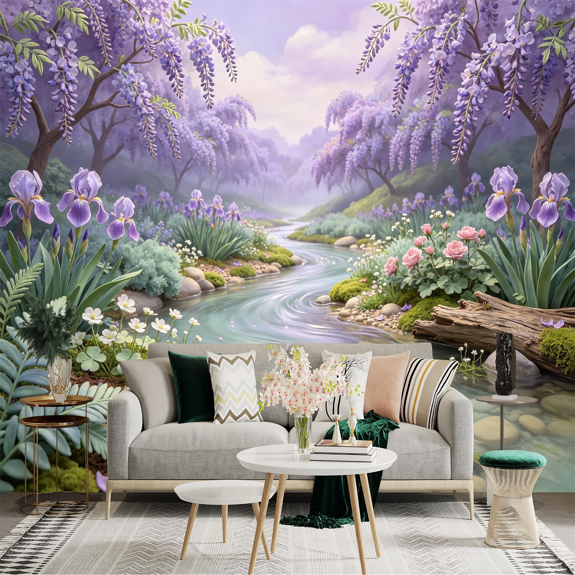 Lnzczhyre Bh260719686 Custom Size Wall Sticker Mural， Enchanting Purple Wisteria Forest， Serene River Landscape， Blooming Irises And Wildflowers， For Wall Decoration， Peelandstick Wall Decals.