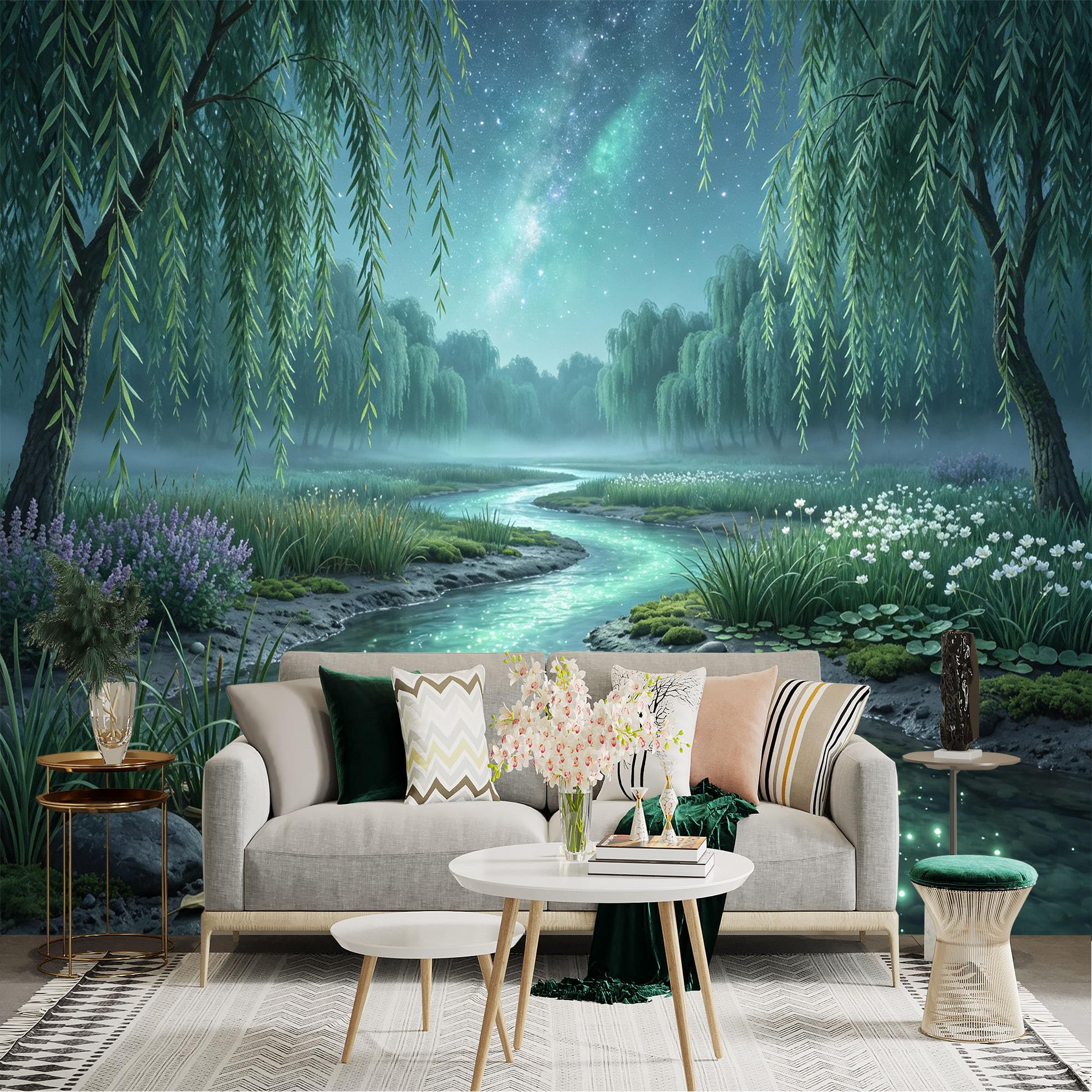 Lnzczhyre Bh260719216 Custom Size Wall Sticker Mural， Enchanted River， Mystical Night Scenery， Glowing Galaxy Reflection， Serene Willow Forest， For Wall Decoration， Peelandstick Wall Decals.