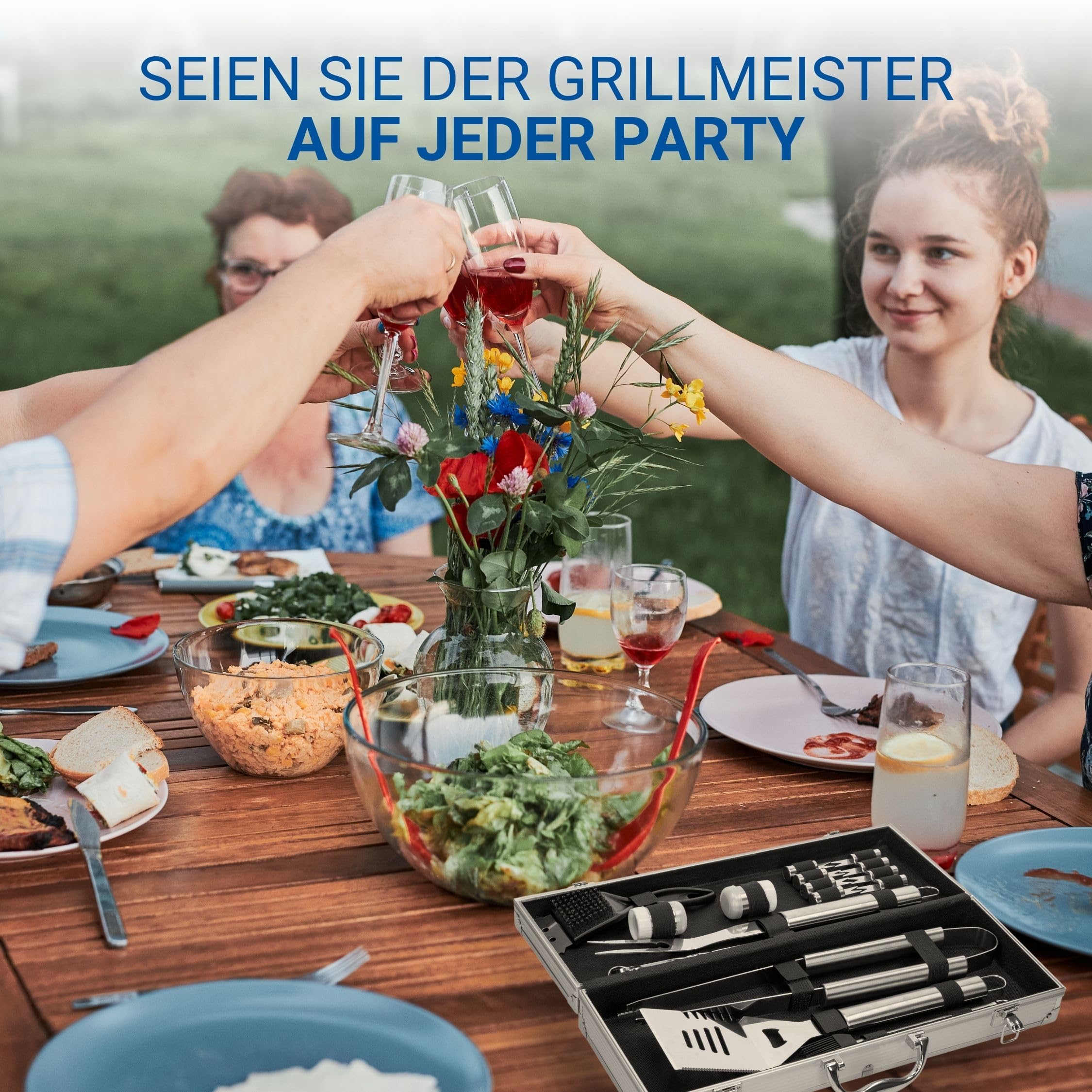 Zestaw sztućców do grilla "Deluxe" – 20-częściowy zestaw akcesoriów do grilla ze stali nierdzewnej w zestawie walizka – akcesoria do grilla dla mężczyzn – gadżety do grilla jako prezent na Dzień Ojca,