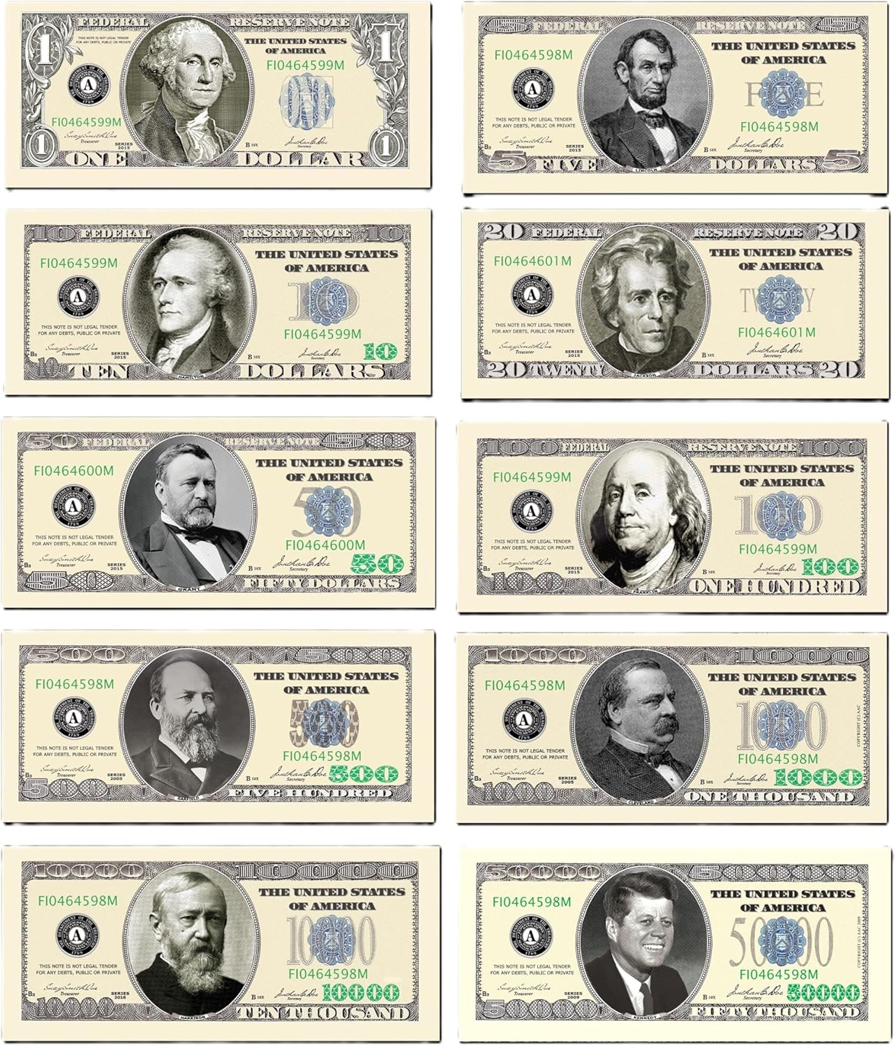 American Art Classics Casino Night Party Package - 100 Each of 1, 5,10, 20, 50,100, 500, 1,000, 10,000 and 50,000.