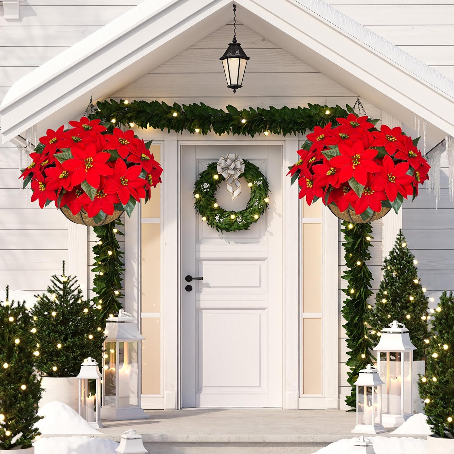 2 Set Artificial Poinsettia Christmas Hanging Basket, Fake Silk Red Poinsettia Flowers, 2 Hanging Planter with 14 Pcs Flowers, for Outdoor Indoor Front Porch, Garden, Patio, Home Xmas Decor