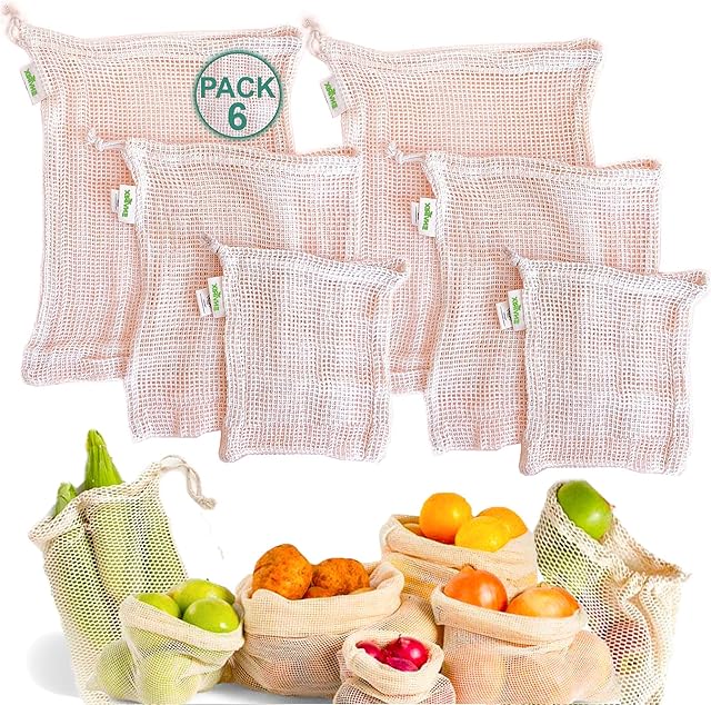 Envirix Organic Cotton Mesh Bags | Premium Quality Pack of 6 String Bags Shopping | Reusable Fruit and Vegetable Bags for Storage | Produce Potato and Onion Storage Bag | Zero Plastic Net Bags