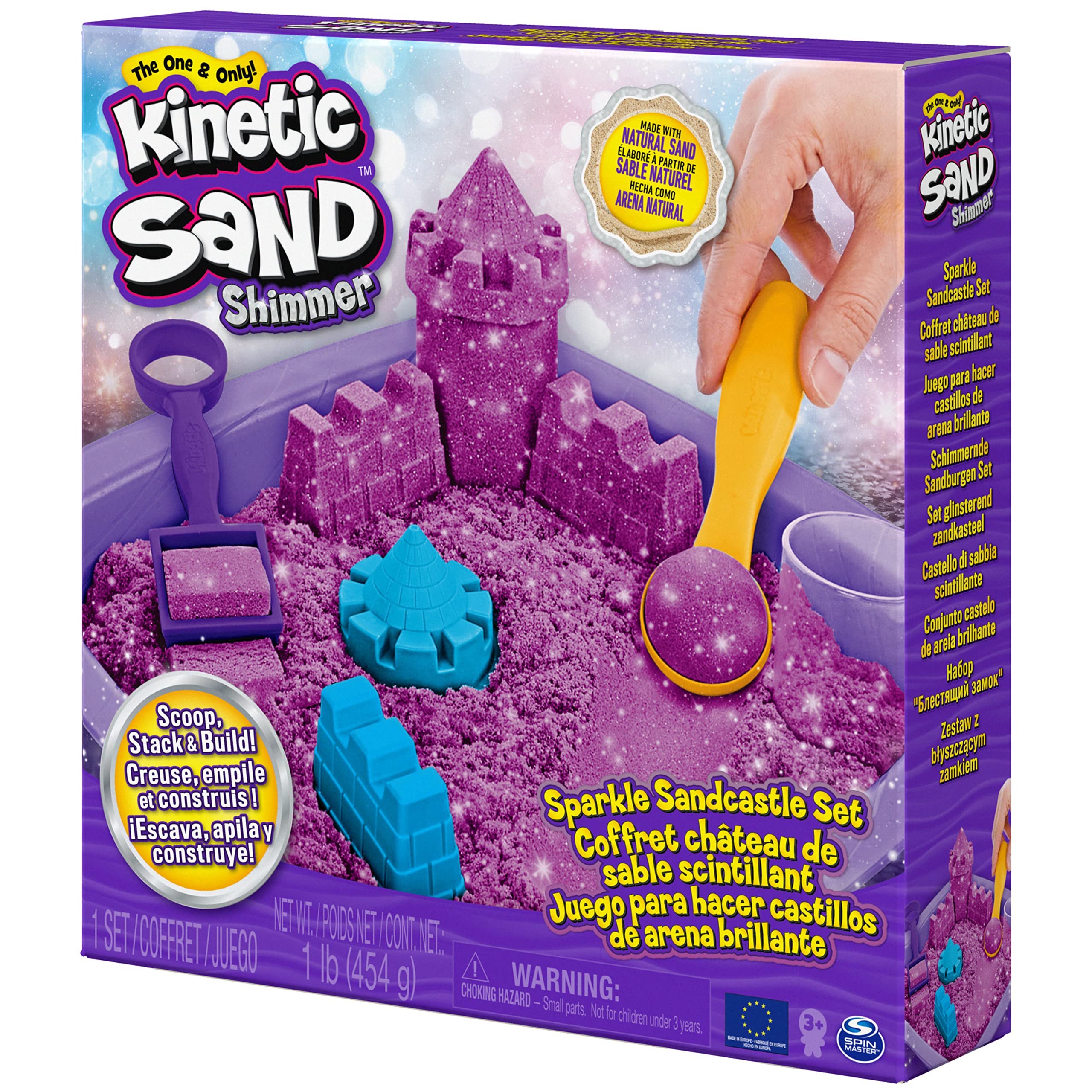 Kinetic Sand Zestaw do piaskownicy z połyskującym piaskiem 454 g magicznego piasku kinetycznego w kolorze fioletowym, wanna i akcesoriami do zabawy w pomieszczeniach, od 3 lat