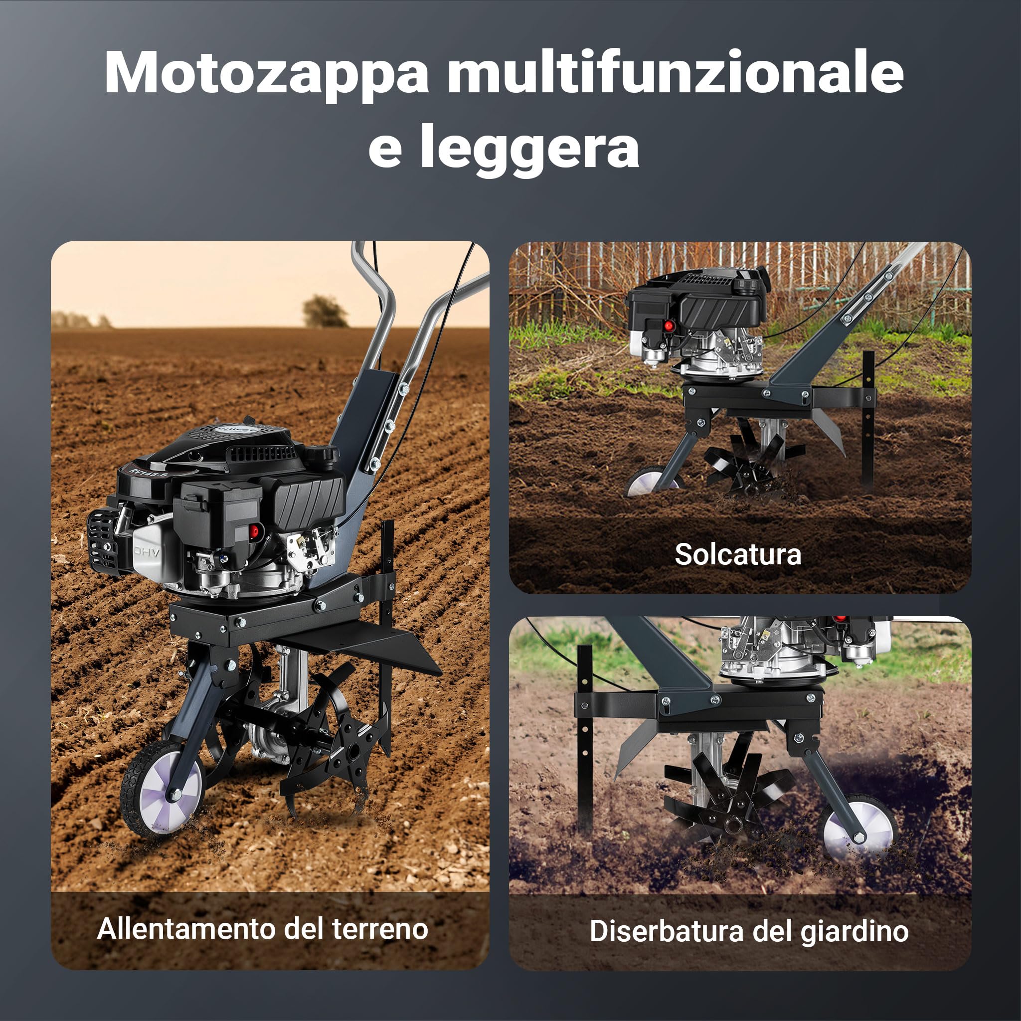 Wiltec Motozappa a scoppio, fresa a scoppio, larghezza di lavoro 36 cm, profondità di lavoro 25 cm, motore a benzina a 4 tempi, 2,5 kW, 144cc, 4 set di lame