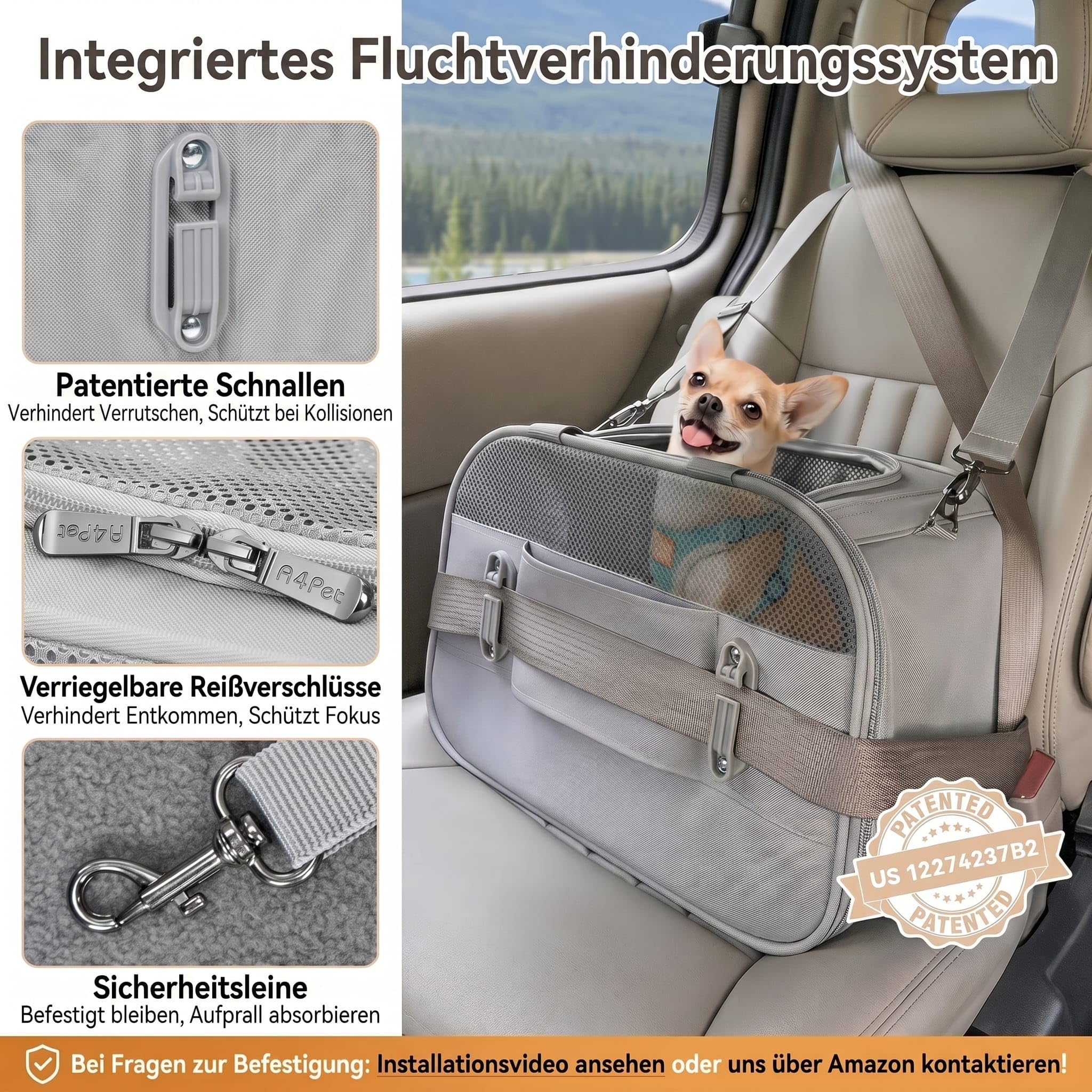 A 4 PET Transportbox Katze mit Auto patentieren Sicherheit Schnallen, Atmungsaktive Hundetasche Transporttasche für Hunde & Katzen bis 7 kg mit Verschließbare Reißverschlüsse & Sicherheitsgurt