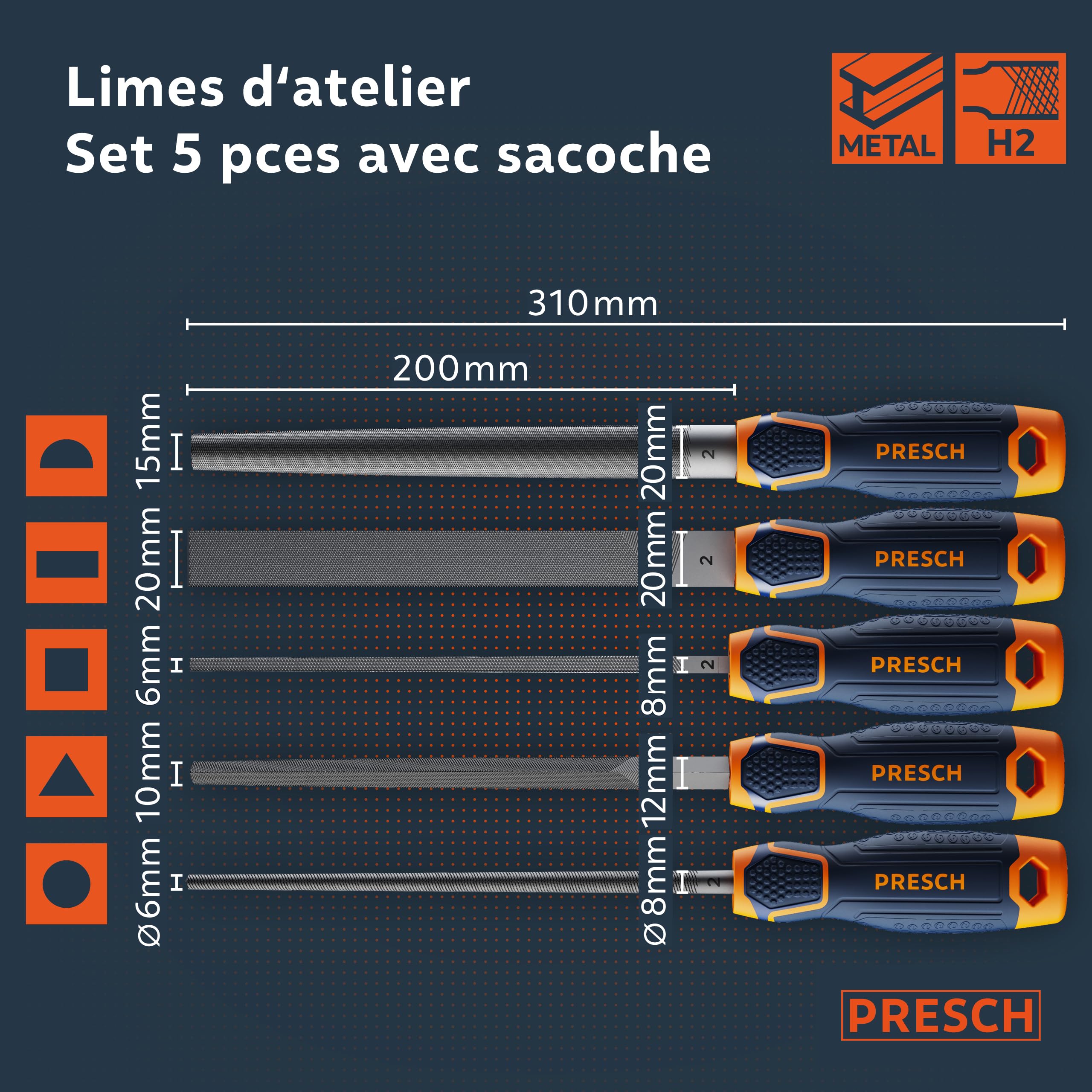 Presch Set de limes d'atelier 5 pièces - Limes métalliques plates, demi-rondes, rondes, triangulaires, carrées