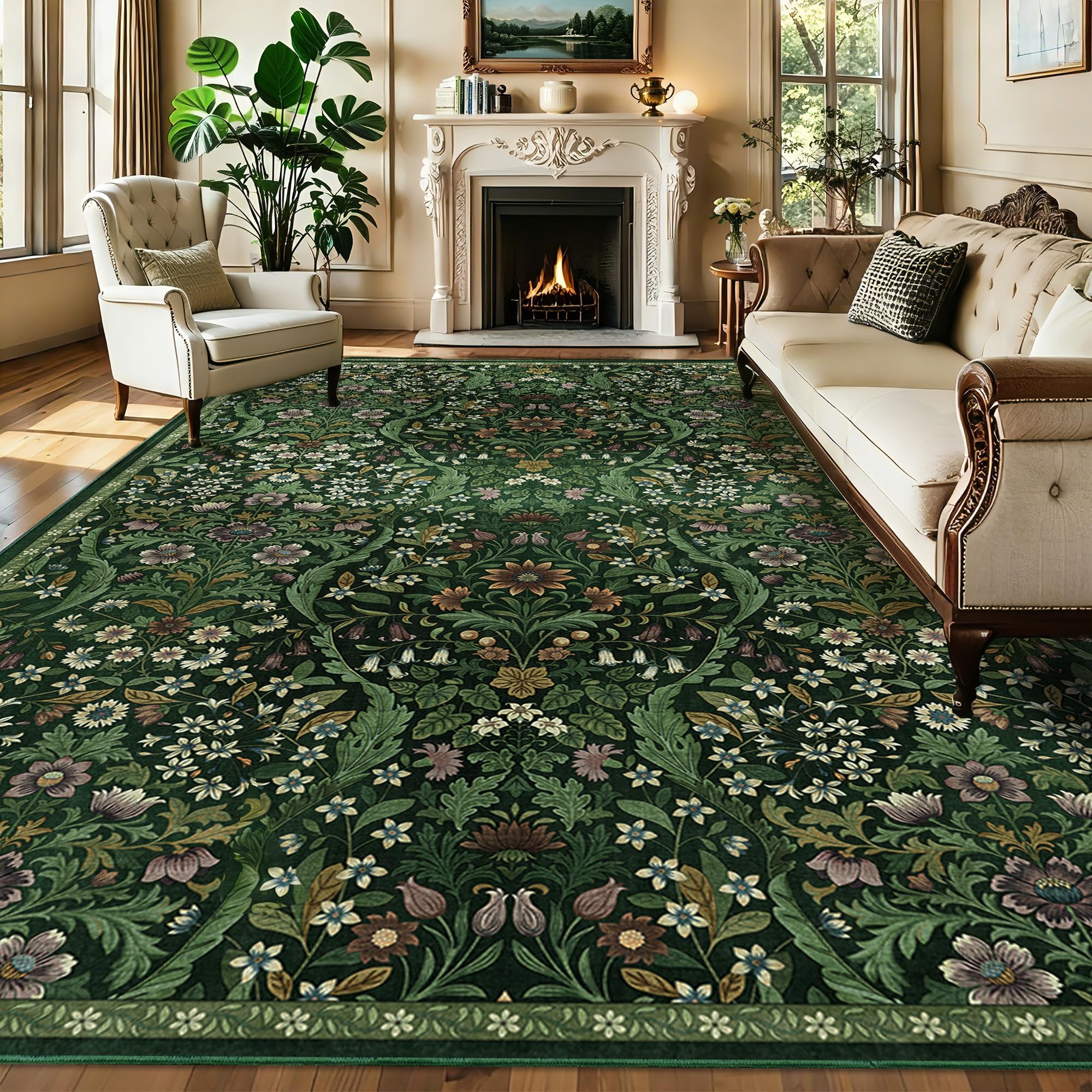 10x14 Large Floral Area Rug Soft Living Room Rug Green Carpet