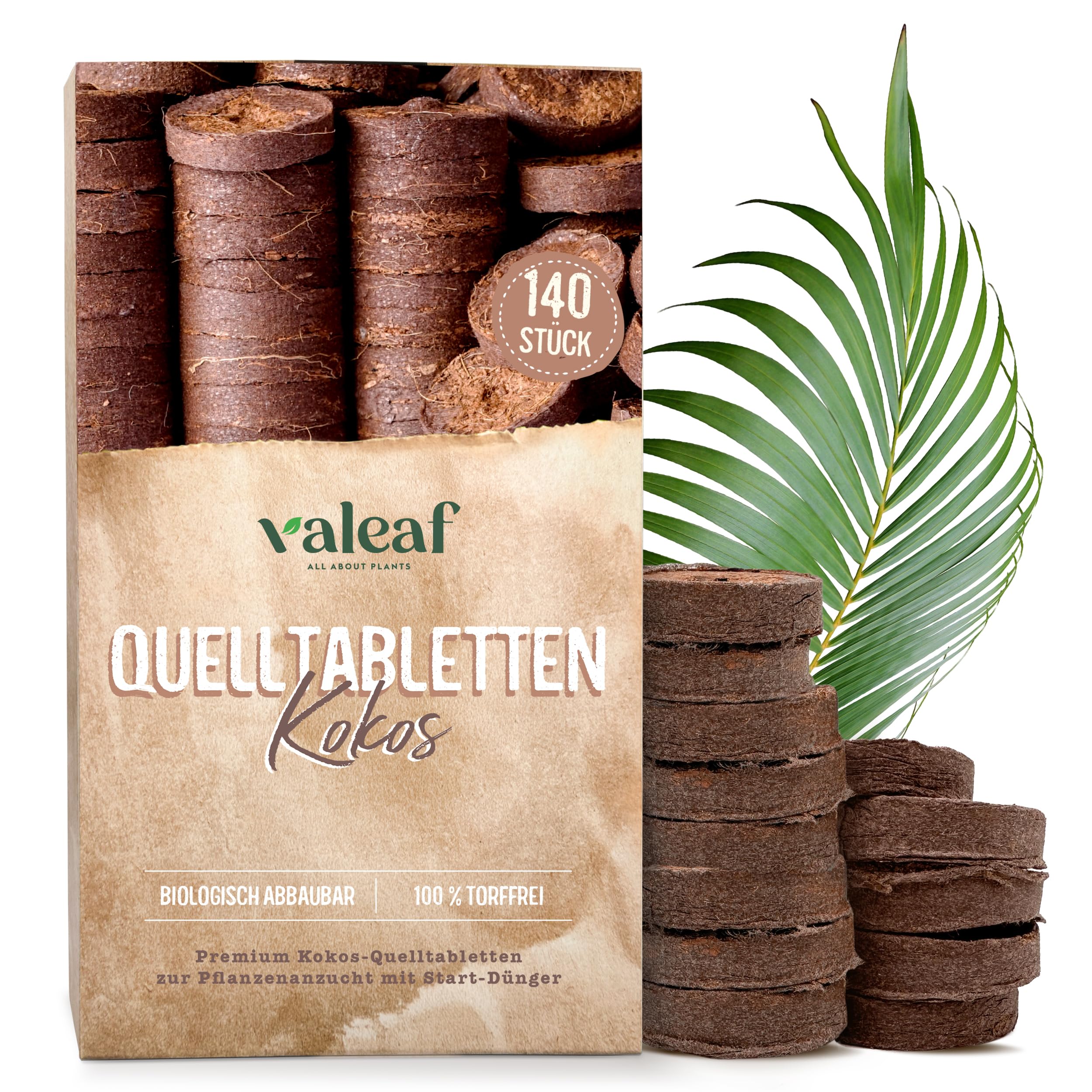 valeaf Pastillas de Coco, 140 Unidades - Tierra de Coco sin turba con Fertilizante Inicial, Tierra Ideal para el Cultivo de esquejes y facilitar el enraizamiento