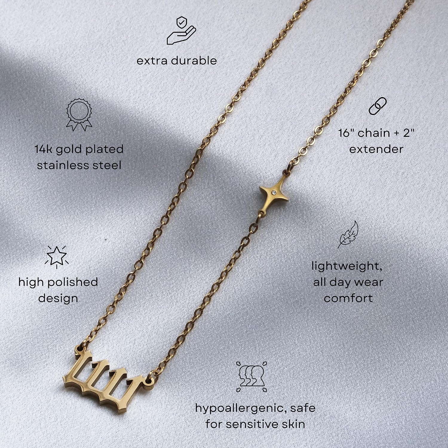 EARFULL Angel Number Necklace with Star - Angelic & Celestial Duo, 14K Gold Plated 16"+2" Adjustable Chain for Layering, Spiritual Manifestation Numerology Good Luck Jewelry for Women