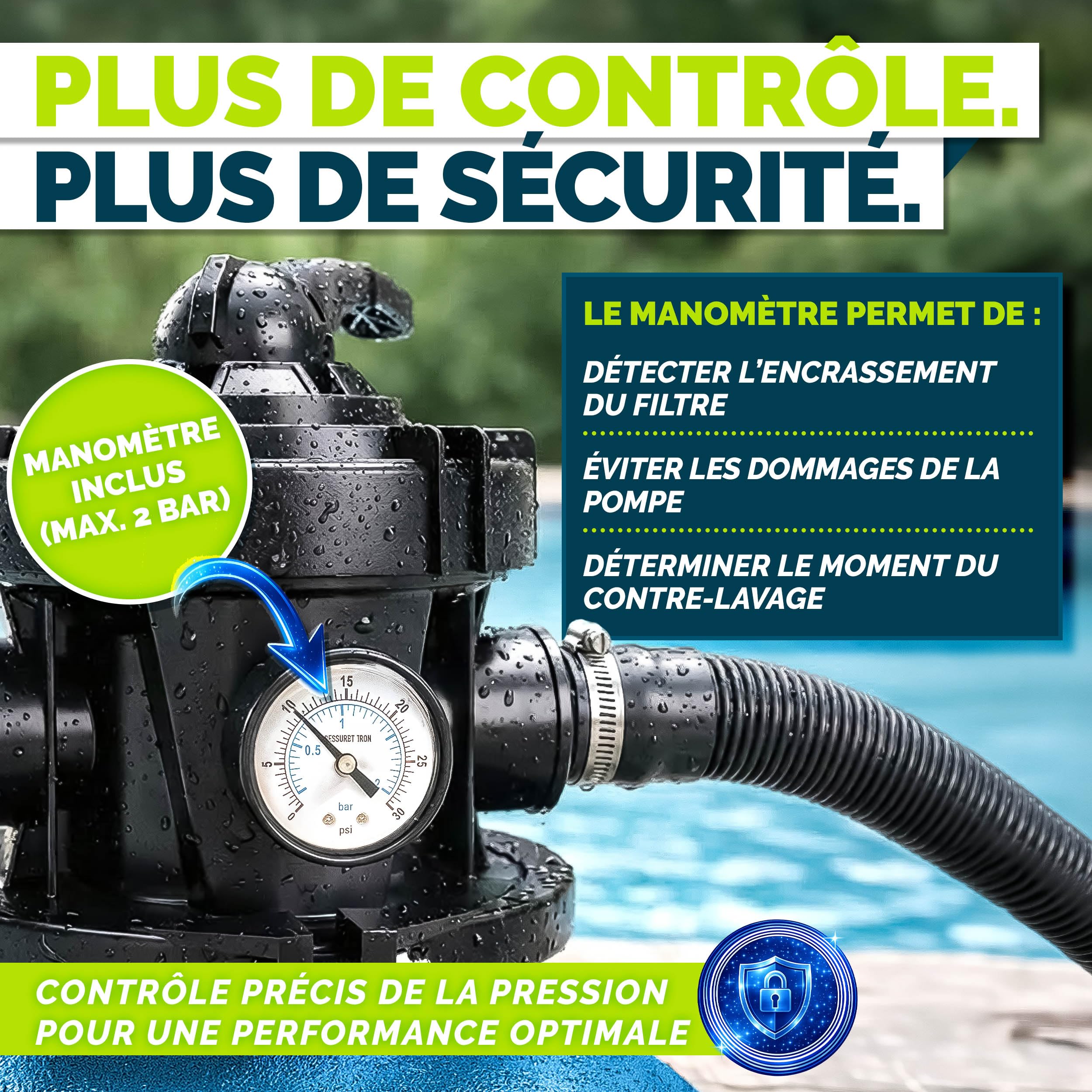 tillvex® Filtre à Sable pour Piscine sans Pompe + Billes filtrantes jusqu'à 50 m³ (50.000 litres) | Cuve Filtre Piscine INCL. Adaptateur Ø32-38mm | Vanne 7 Voies, manomètre & Tuyau d'aspiration