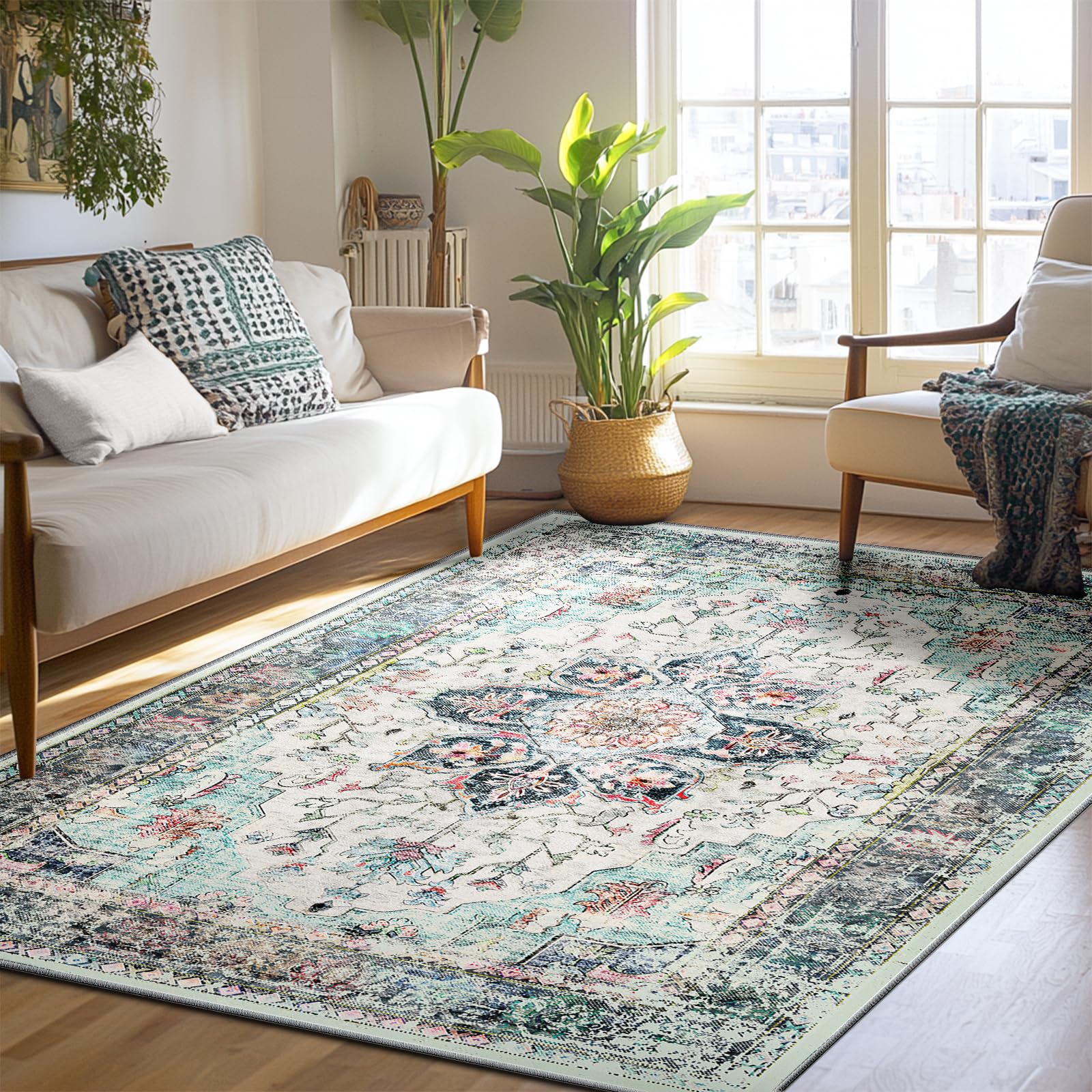 BESTSWEETIE 5x7 Area Rug Washable Rugs for Living Room, No Pile Boho Carpet for Entryway Bedroom Dinning Room, Vintage Carpet Print Distressed