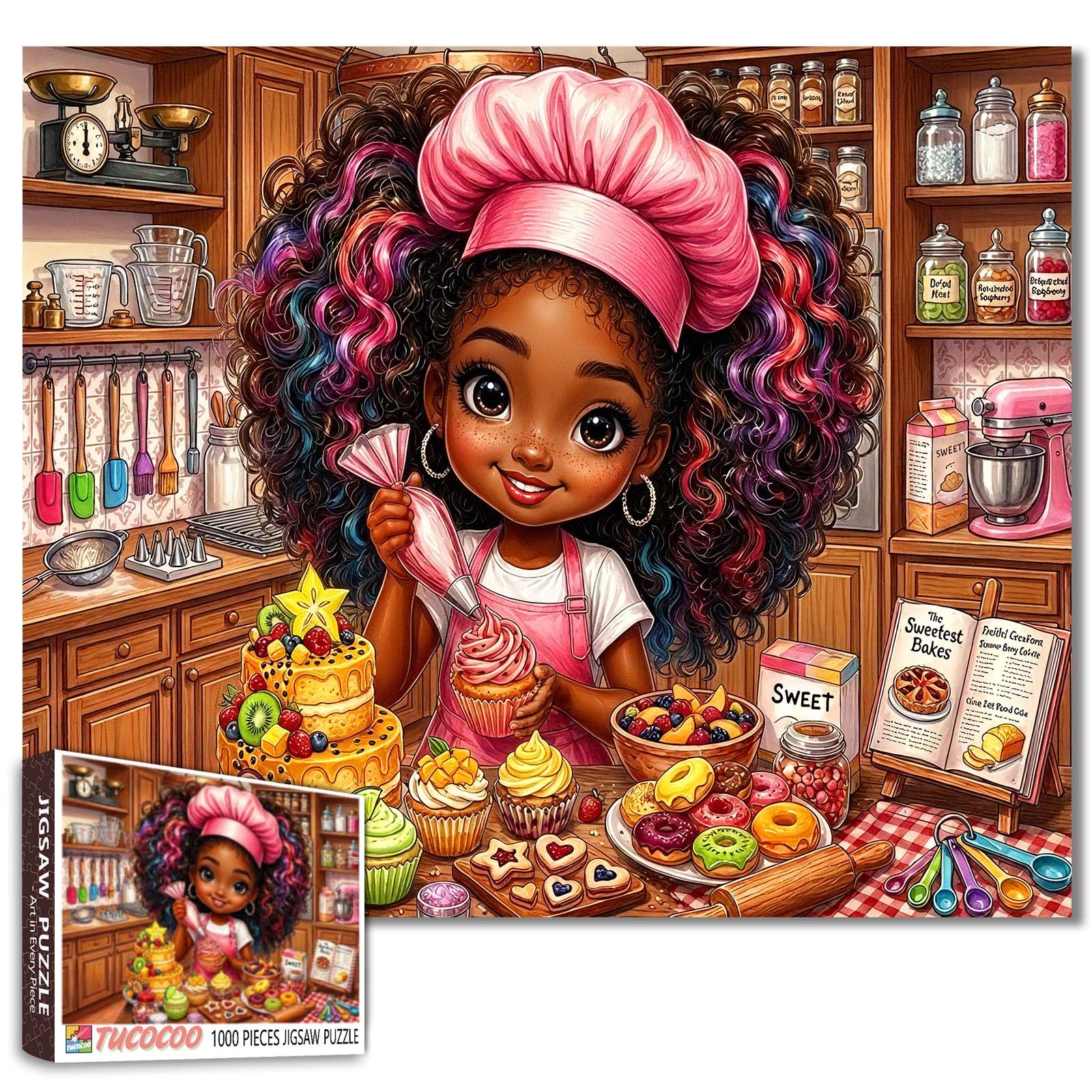 1000 Piece Jigsaw Puzzle for Adults Cute Baking Girl Puzzle 19.7 x 27.6 Inches Adorable African Girl Sweet Kitchen Colorful Puzzles Fun and Relaxing Indoor Activity Family Time Gift Home Wall Decor โ image 1