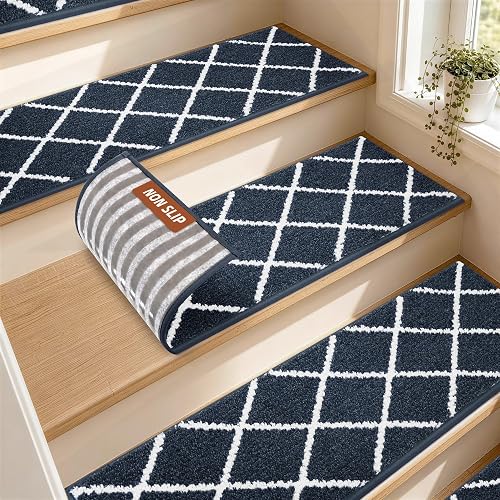 COSY HOMEER Stair Treads for Wooden Steps 9"x28", Non Slip Carpet Stair Treads, Peel and Stick Indoor Runners for Kids Elders and Dogs, 100% Polyester TPE Backing, 10pcs, Navy
