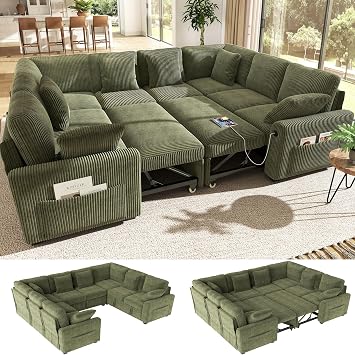 Ihanherry 8-Seater Large Sectional Sofa Bed with Storage Lovescat, Corduroy Modular Sleeper Sofa with USB Port & 6 Pillows, 110" U-Shaped Convertible Couch for Large Living RoomGreen