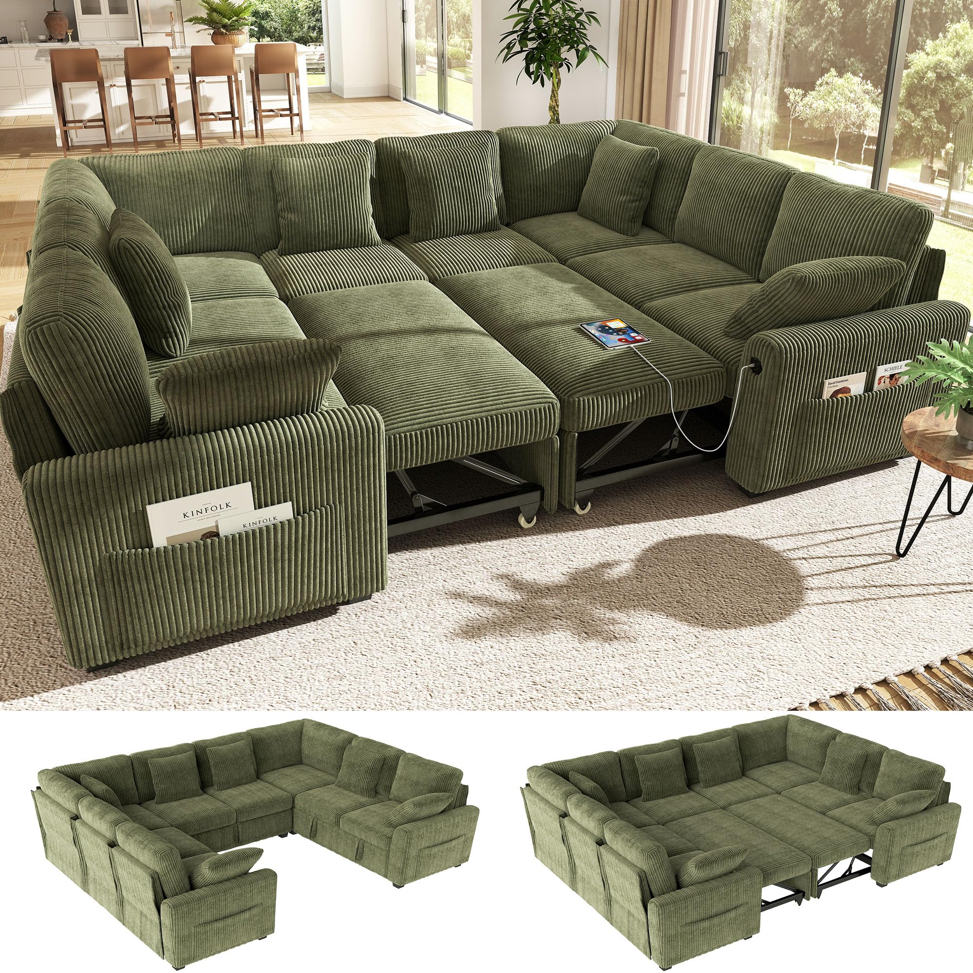 Ihanherry 110 inch 8-Seater Sectional Sofa Bed in Green Corduroy