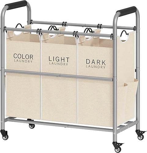 Tajsoon - Carrito clasificador de ropa de 3 bolsas, cesta clasificadora de ropa con ruedas con bloqueo resistente para almacenamiento de ropa, Beige