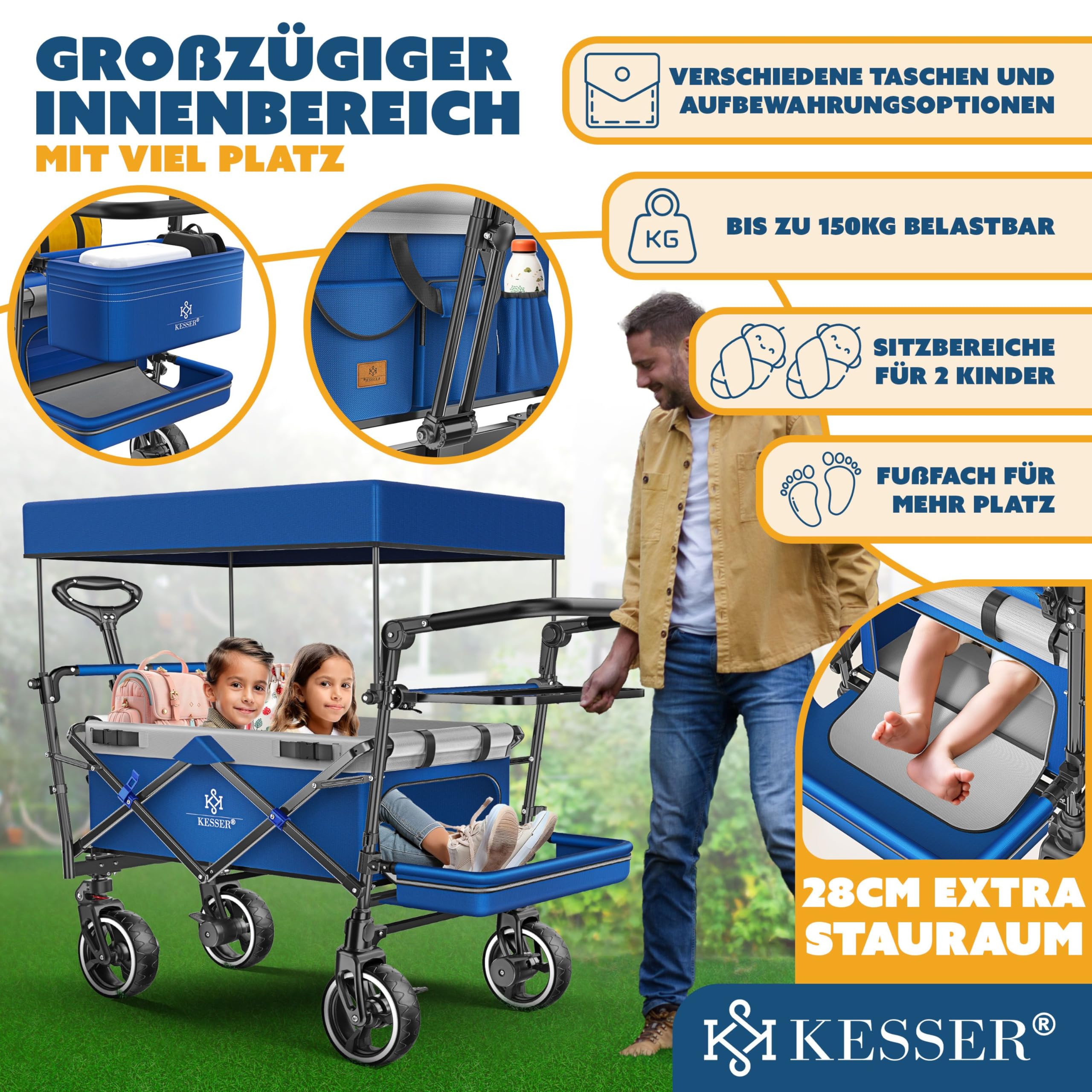 KESSER® GTS-9100 Chariot de transport pliable, toit, 150 kg, roues en caoutchouc dur, freins, serrure, couverture, intempéries, brise-vue