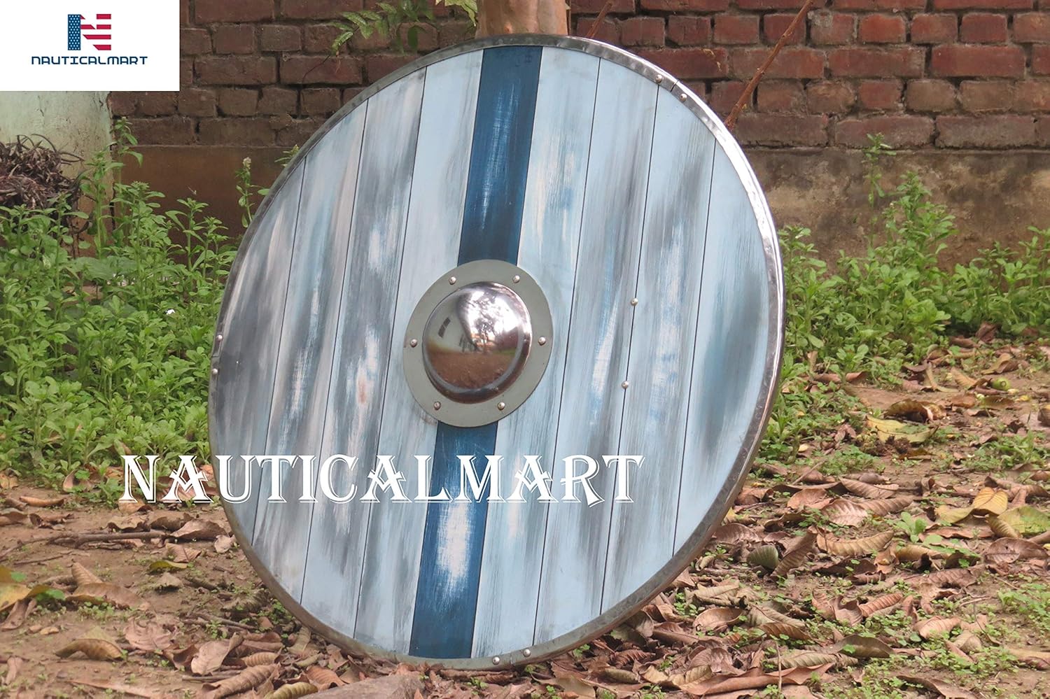 NauticalMart Aged Wood Viking Shield in Glacier Blue - SCA/LARP/Norse/Norway/Antique/Armor