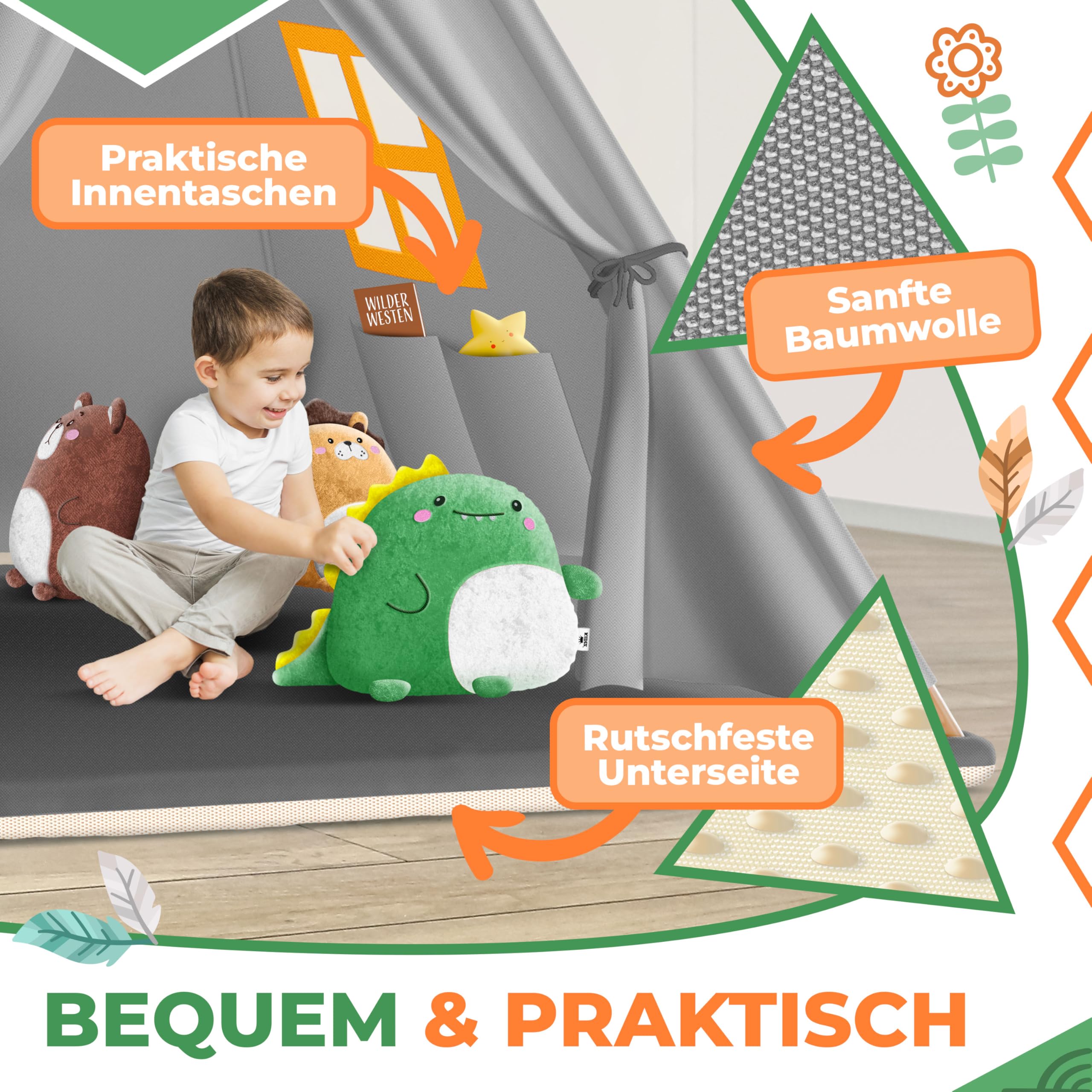 KIDIZ® Tipi Zelt für Kinder Spielzelt 100x100x160cm Kinderzelt aus Baumwolle mit LED-Lichterkette, Leuchtstern, Fahnengirlande, 3 Plüschtiere, Untermatte & Tragetasche Spielhaus für drinnen & draußen