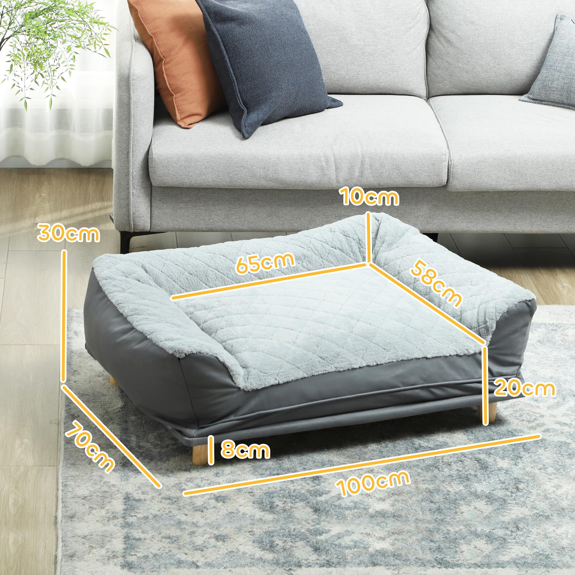 PawHut Canapé pour Chien Fauteuil Chien Housse Amovible Lavable Pieds Bois Pin Patins Antidérapants 100 x 70 x 30 cm Gris