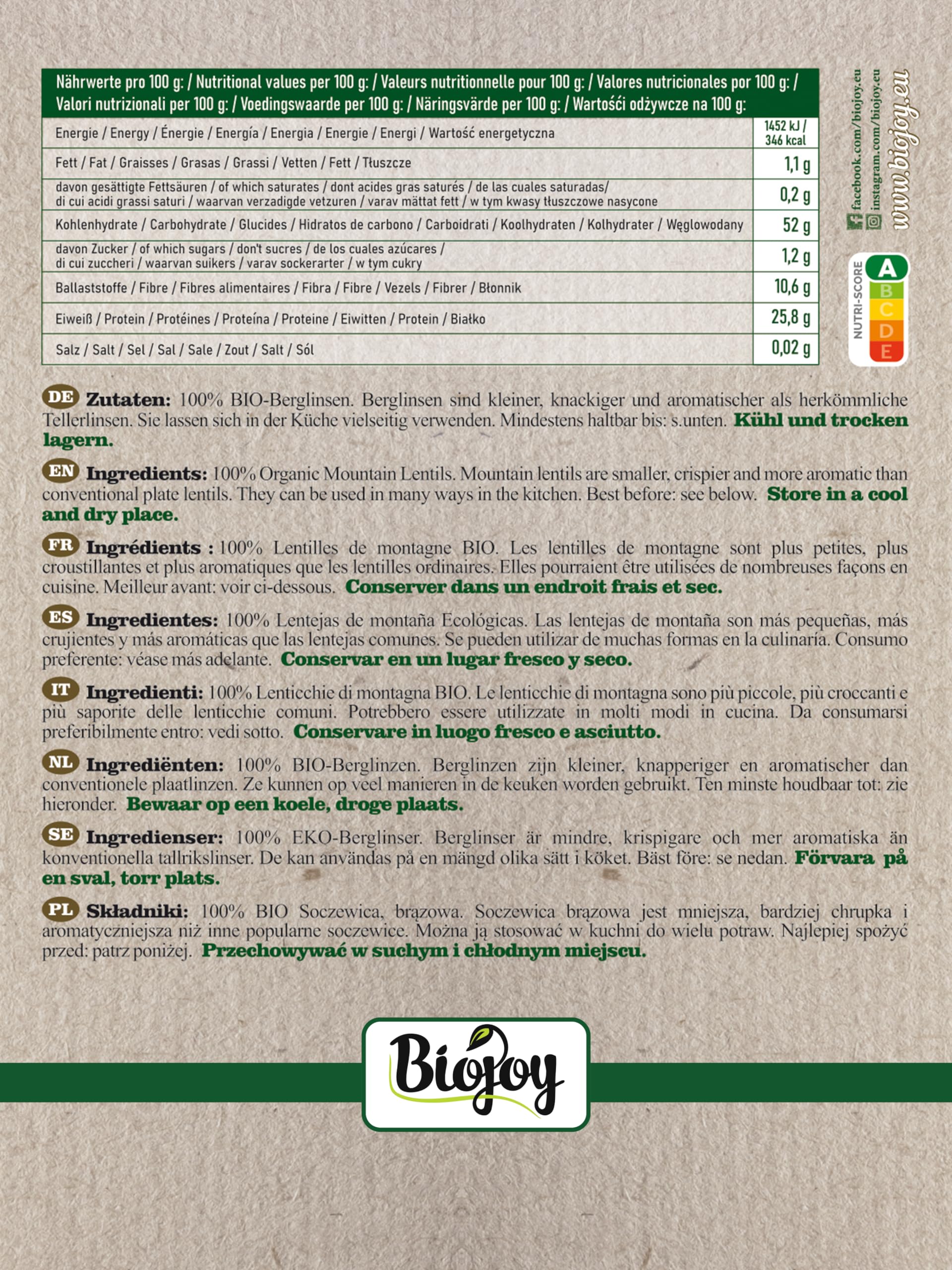Biojoy Lentejas marrones BÍO (1,5 kg), secas y enteras, lentejas de montaña