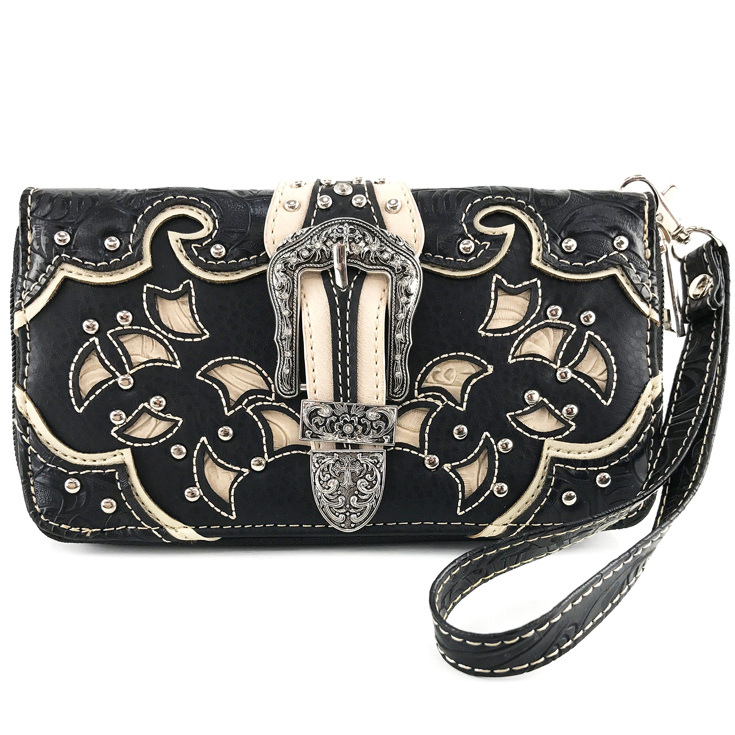 Justin West Western Studded Rhinestone Buckle Laser Cut Studded Shoulder Tote Handbag Purse Wristlet Wallet