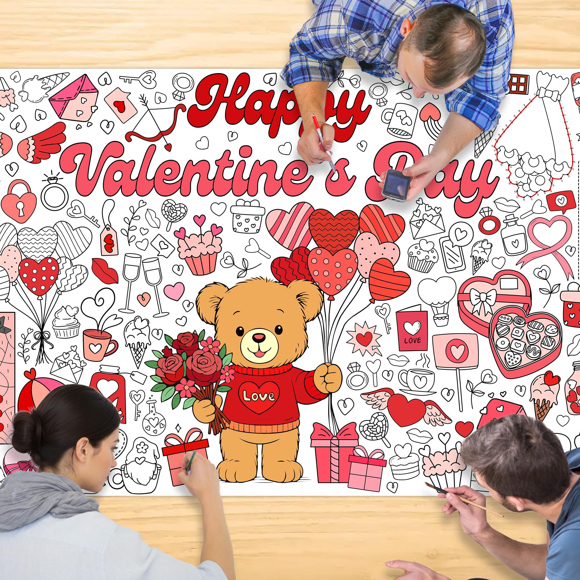 Valentine Coloring Tablecloth, Giant 30x72 Inch Poster with Bear, Hearts and Love Designs, Valentine’s Day Party Activities, Classroom Decorations, Party Supplies and Favors