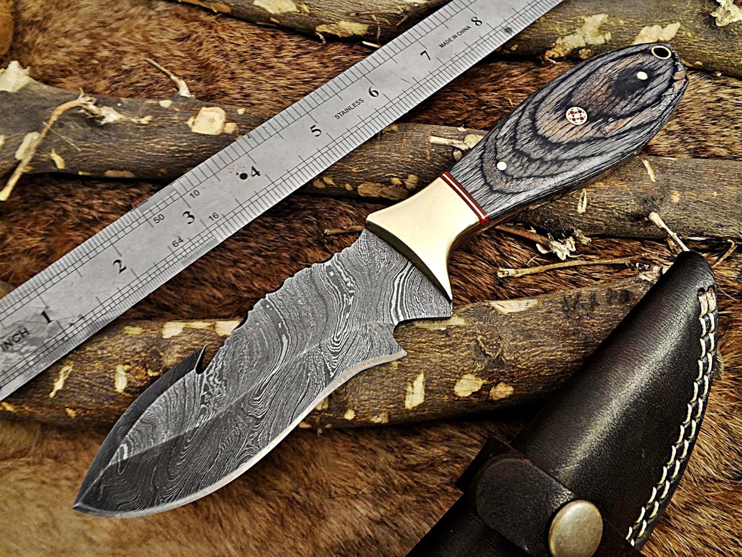9" Long Hand Forged Hunting Damascus Steel Skinning Knife with Gut Hook, 4 Scale Colors Available, Crafted with Mosaic Pins, Brass Pipe and Bolster, Leather Sheath with Belt Loop