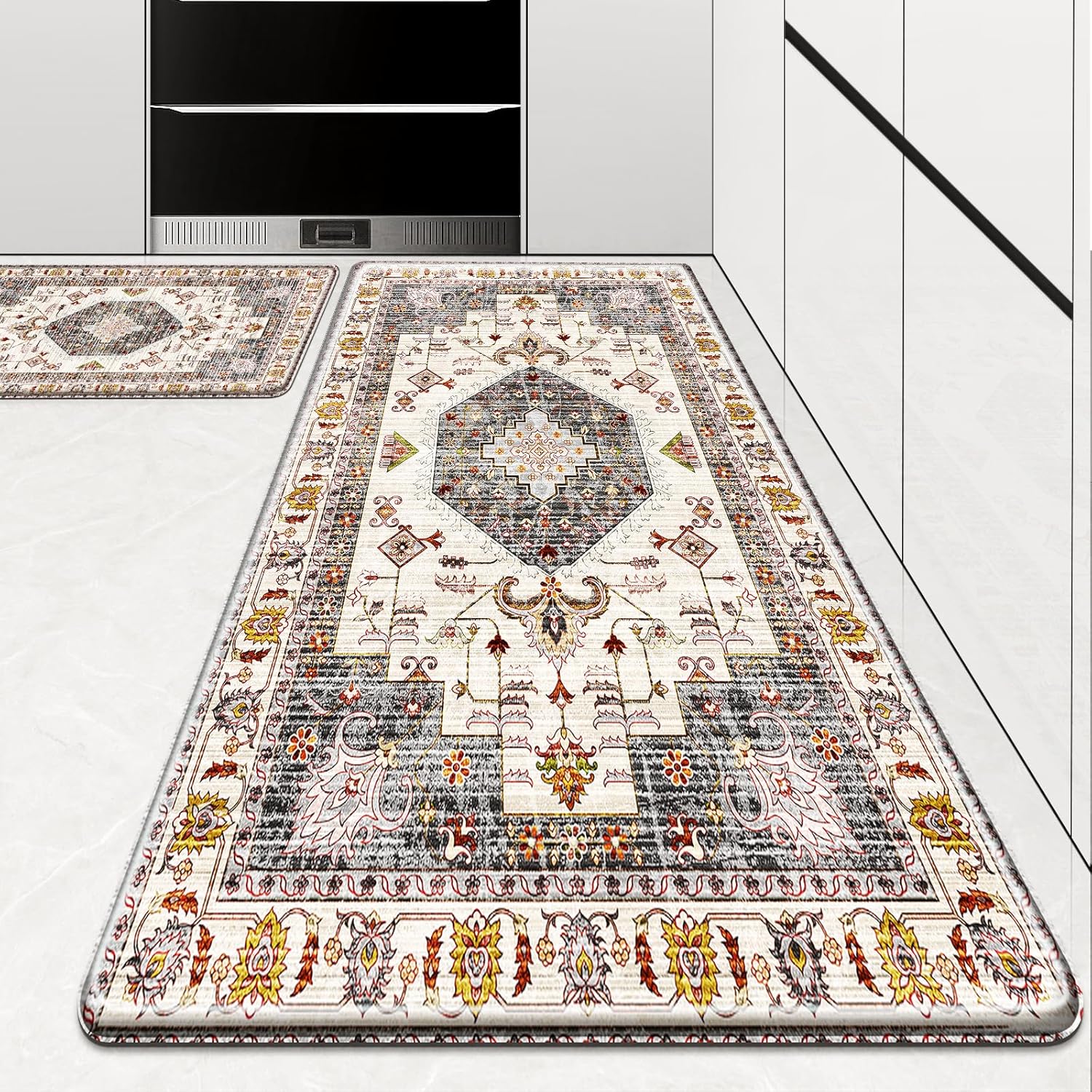 HappyTrends Boho Kitchen Mat,Anti-Fatigue Kitchen Mats for Floor Cushioned Rug for Kitchen Decor Accessories, Non-Slip Mats and Rugs Set for Office,Laundry 17.3"×30"+17.3"×47",Light Brown Light Brown 17.3"×30"+17.3"×47"-0.40 inch