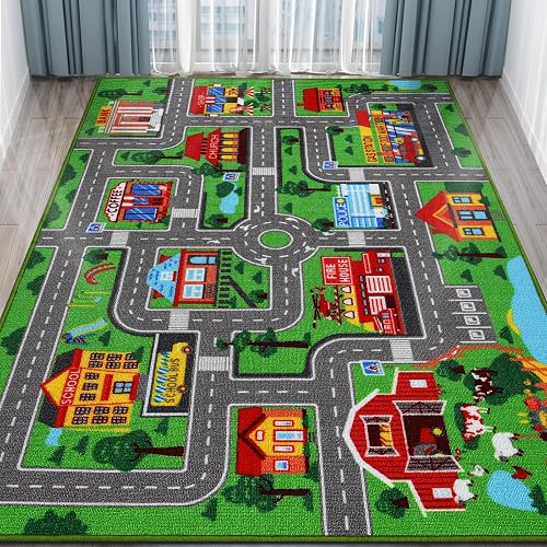 Kids Rug Car Carpet 78.7'x59', Car Rug for Kids Room Playroom Bedroom, Non-Slip Town City Road Map Rugs, Track Car Mat f