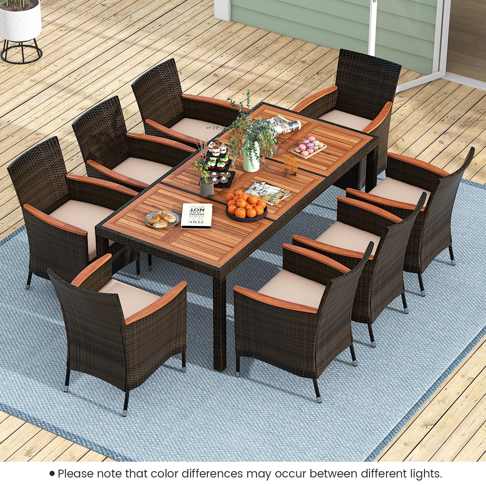 GIANTEX Tavolo e Sedie da Pranzo in PE Rattan, Set di Mobili in Rattan, Set di Mobili Composto da 9 Pezzi, con 8 Sedie e 1 Tavolo, Piano del Tavolo in Acacia, per Interno e Esterno