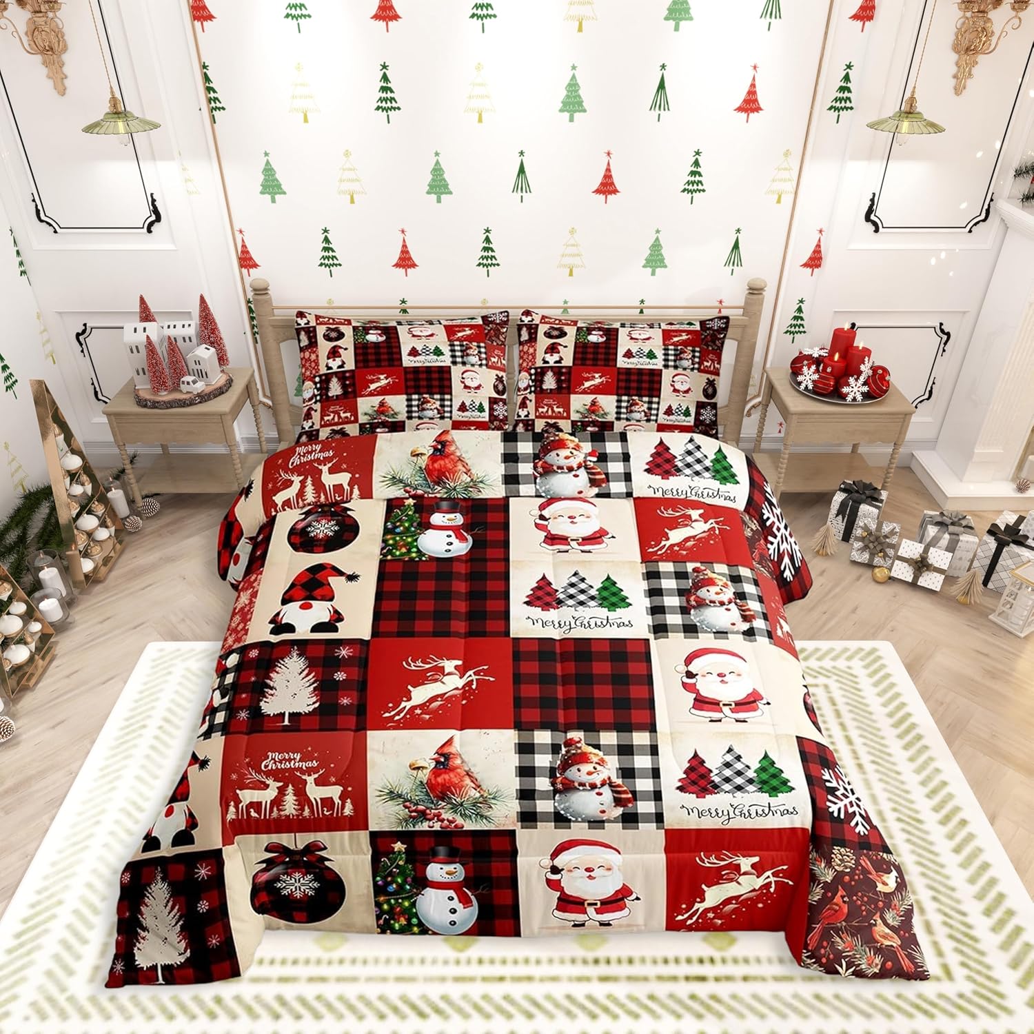 Christmas Comforter Set King Size,Red Plaid Holiday Design Bedding Set 3pcs,Snowman Santa Claus New Year Patchwork Down Comforter for All Season, Kids Boys Girls Room Decor,2 Pillowcases,No Sheets
