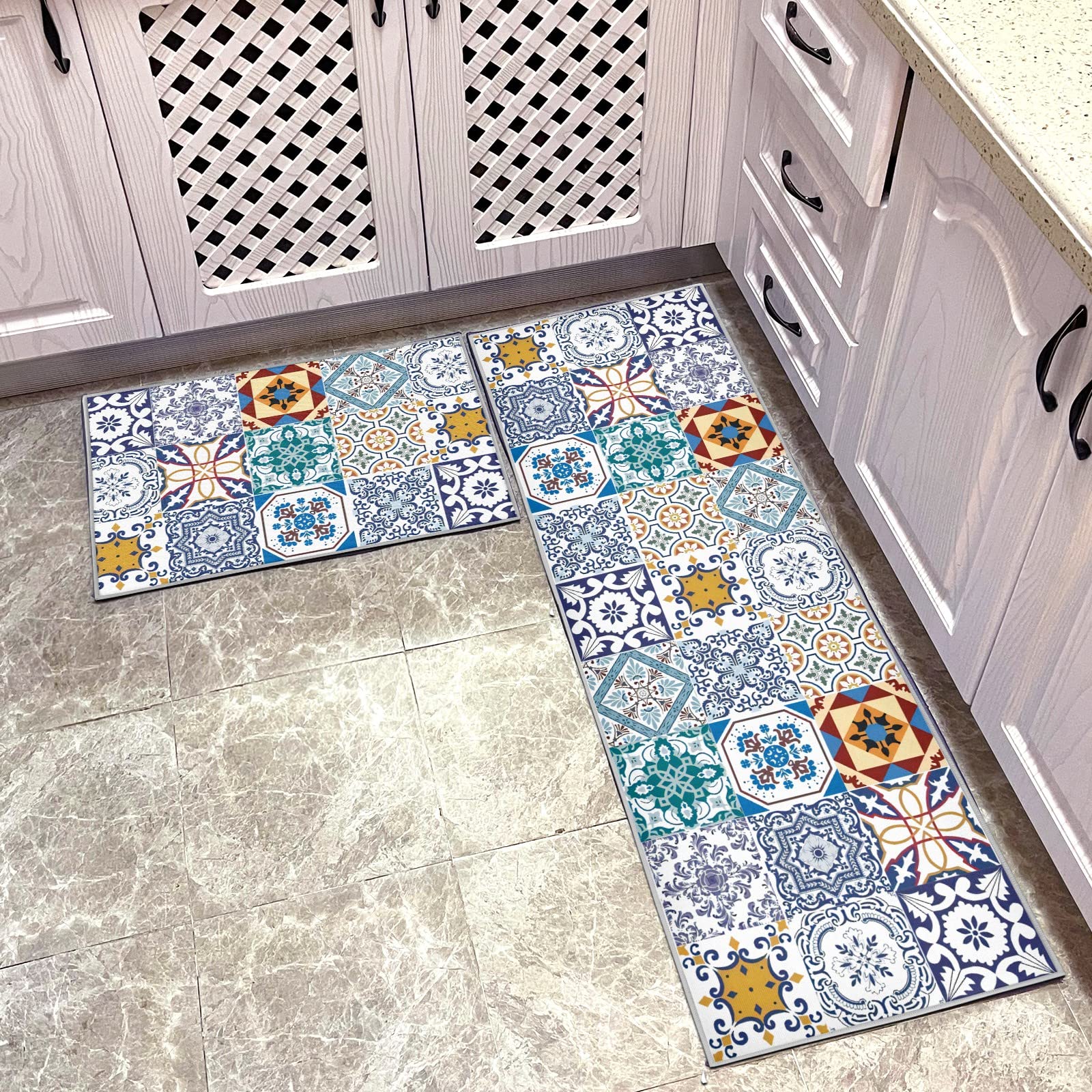 YORDET 2 Pcs Kitchen Mat Set Non-slip Washable Floor Carpet Kitchen Rug Set Kitchenware Knife and Fork Pattern Floor Mat for Kitchen (Portuguese Tiles A, 43x150cm+43x75cm)