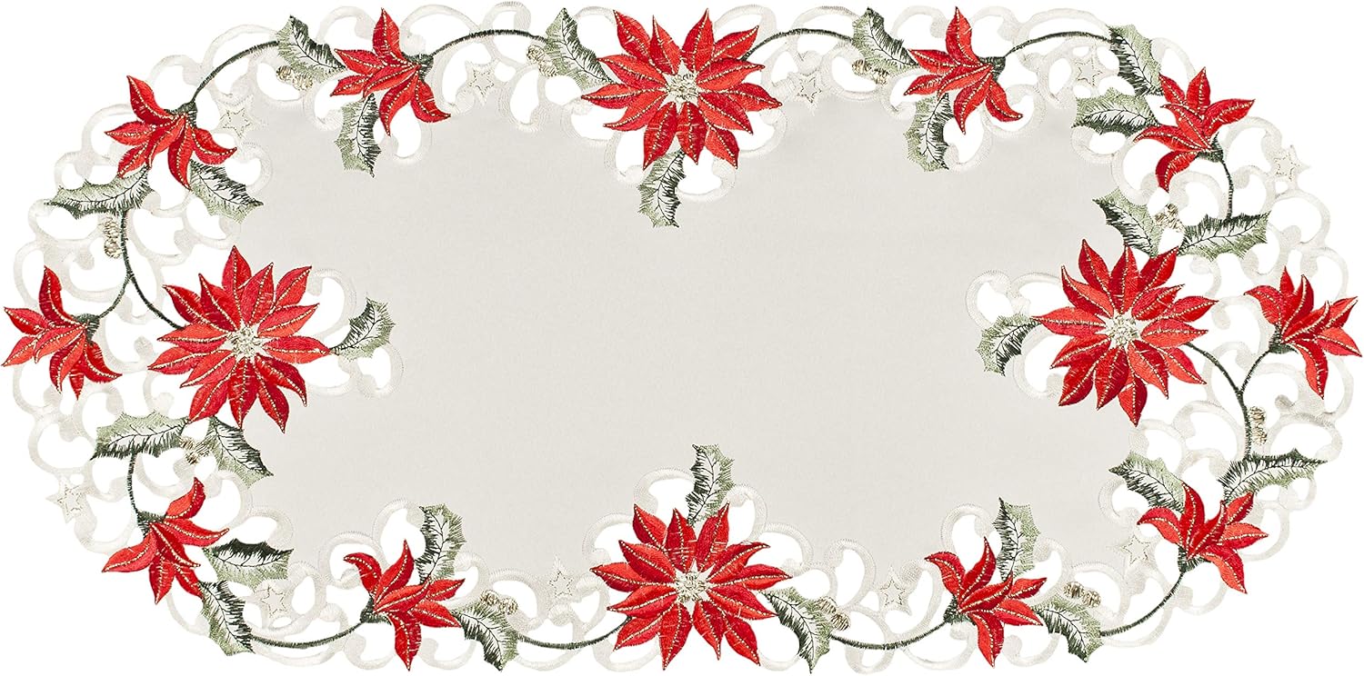 Embroidered Christmas Holiday Poinsettia Table Runner Dresser Scarf (14Wx27L)