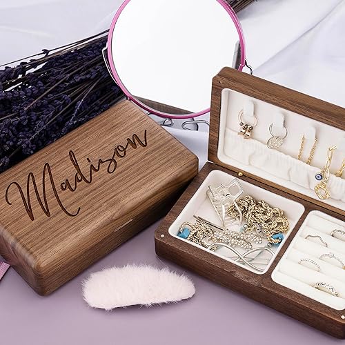 Miniatura 6 de Joyero personalizado con nombre 10 diseños, nogal Caja organizadora de joyas de madera personalizada, estuche de viaje de joyería personalizado,