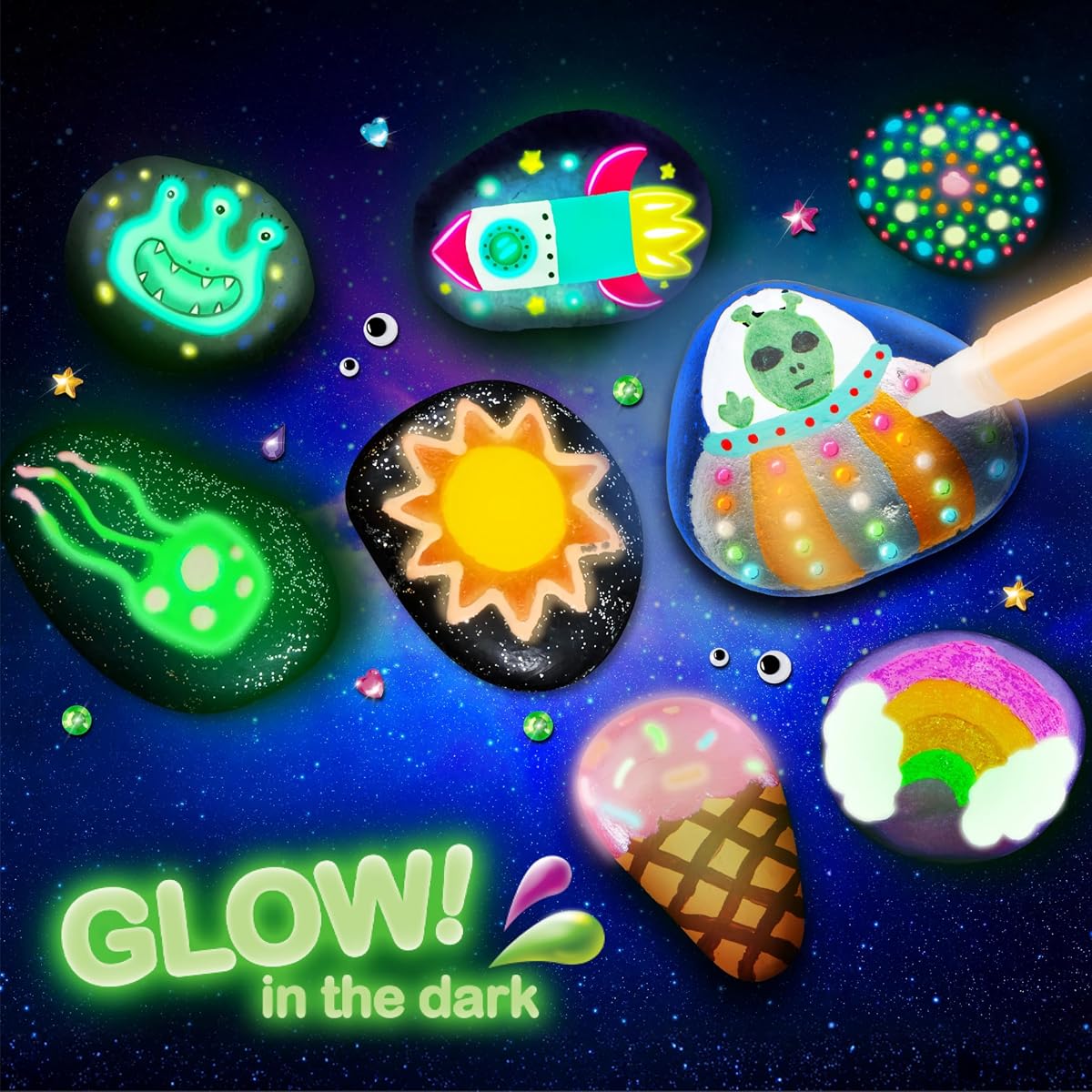 Rock Painting Kit- Glow in The Dark Rock Kit, Arts and Crafts for Kids Ages 6-12, Art Supplies Toy, Kids Craft Paint Kits, Arts & Crafts for Boys Girls Birthday Party Gift Toy image 1