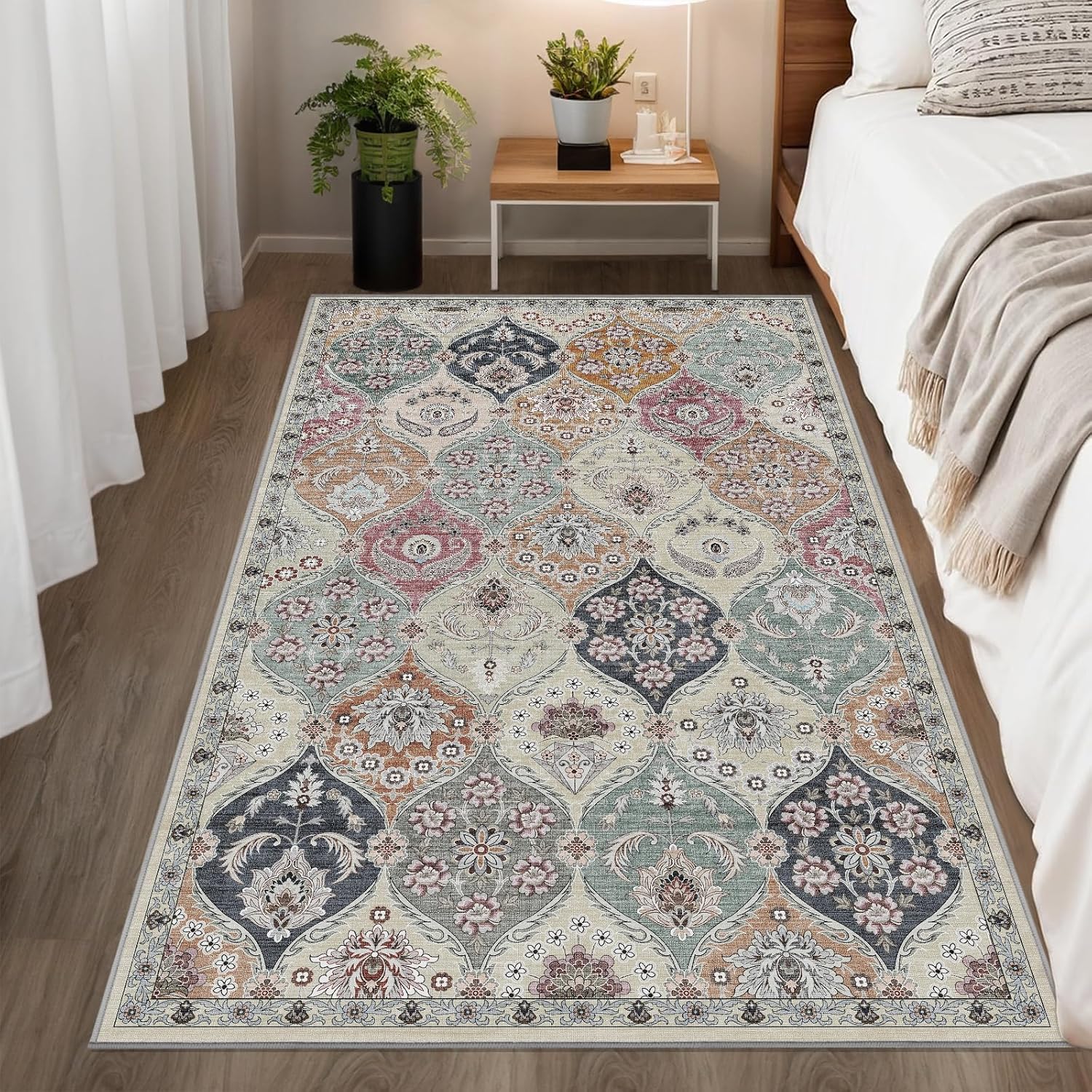Moroccan Trellis Area Rugs Washable Rug Low Plie Boho Vintage Rug with Rubber Backing Non-Slip Indoor Outdoor for Entryway Bedroom Living Room Classroom Office Kitchen College Dorm, 4x6, Cream
