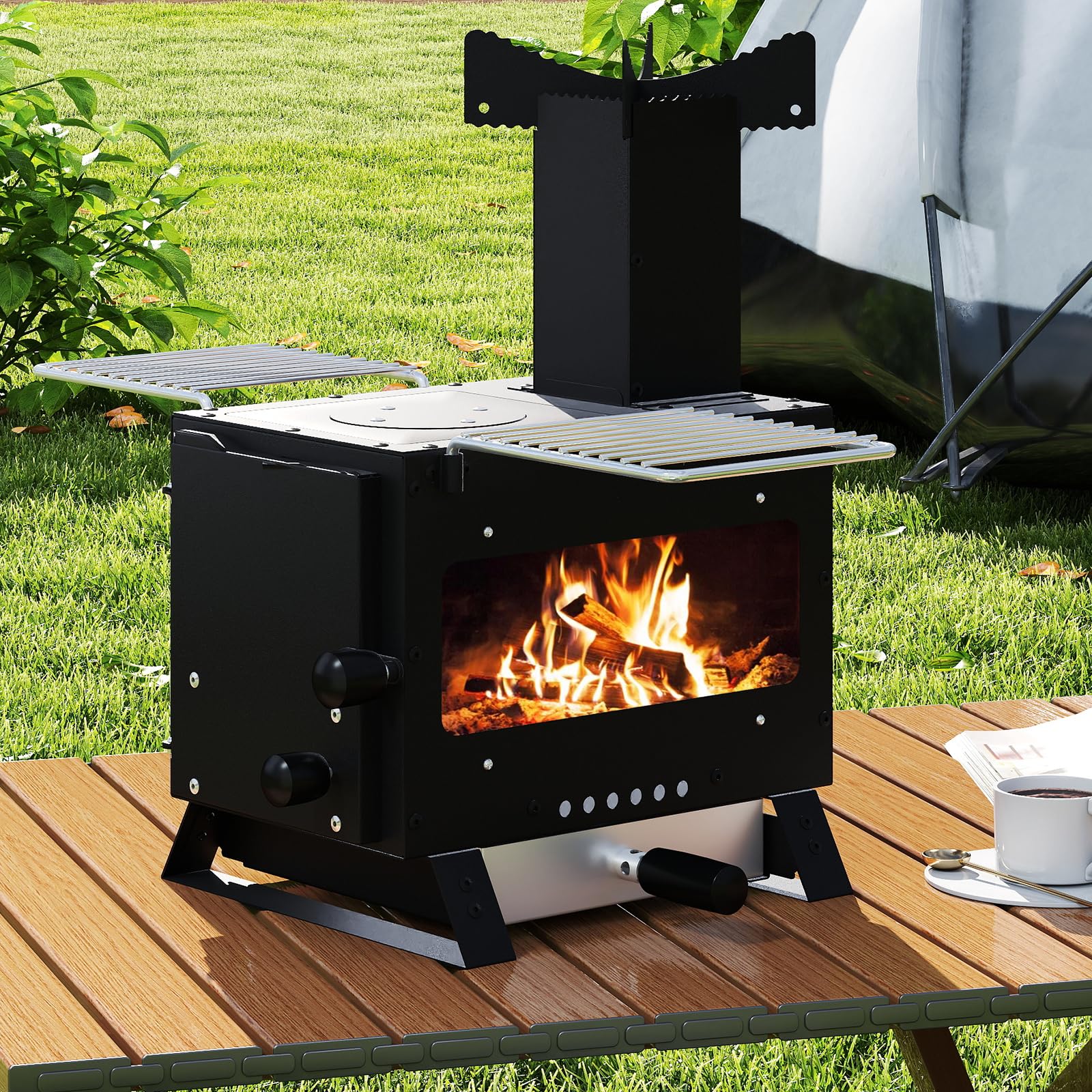 GYMAX Holzofen, tragbarer Campingofen mit hitzebeständigem Glasfenster, Grillrost & Topfhalter, Zeltofen für Outdoor-Kochen, BBQ, Picknick, 54 x 36 x 44 cm