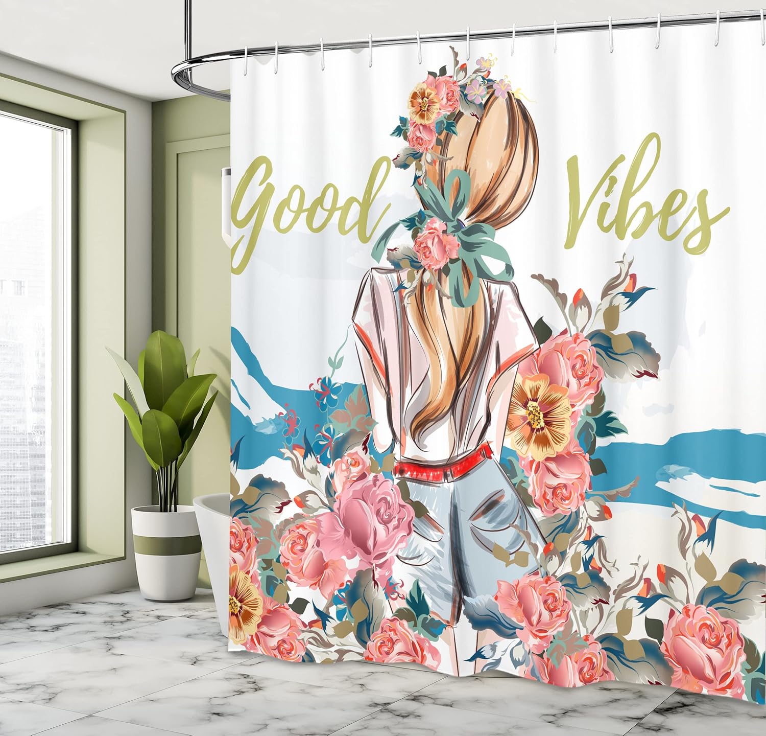 Ambesonne Chill Shower Curtain, Young Girl Standing Back with Flourishing Roses Abstract Floral Feminine, Cloth Fabric Bathroom Decor Set with Hooks, 69" W x 70" L, Salmon Pink Blue
