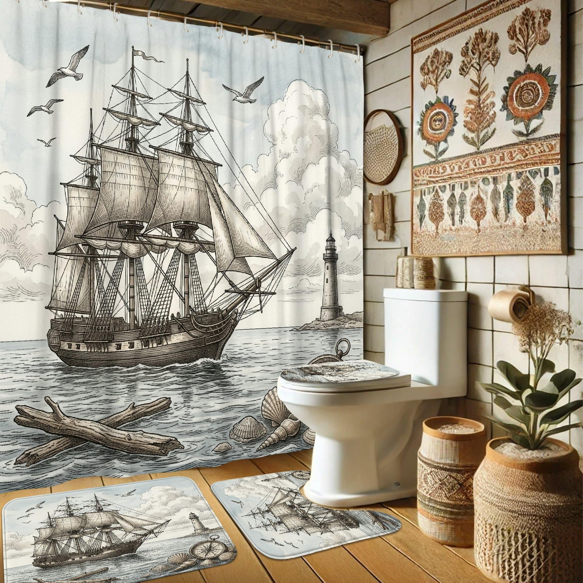 Rideau de douche en polyester de qualité supérieure thème boussole et phare vintage