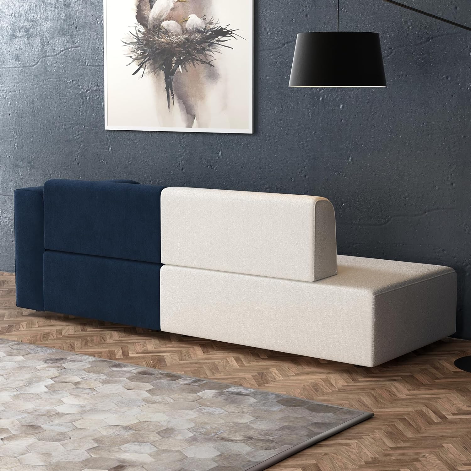 87.79” Modern Minimalist Fabric Sofa, Fashionable White and Navy Blue Modular Combination, Suitable for Living Rooms, Apartments, and L-Shaped Chaise Lounge in Bedrooms